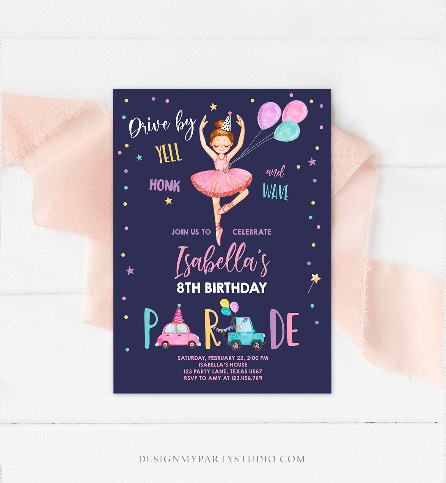 Editable Ballerina Drive By Birthday Parade Invitation Virtual Party Invite Ballet Tutu Car Girl Pink Quarantine Download Digital Corjl 0375