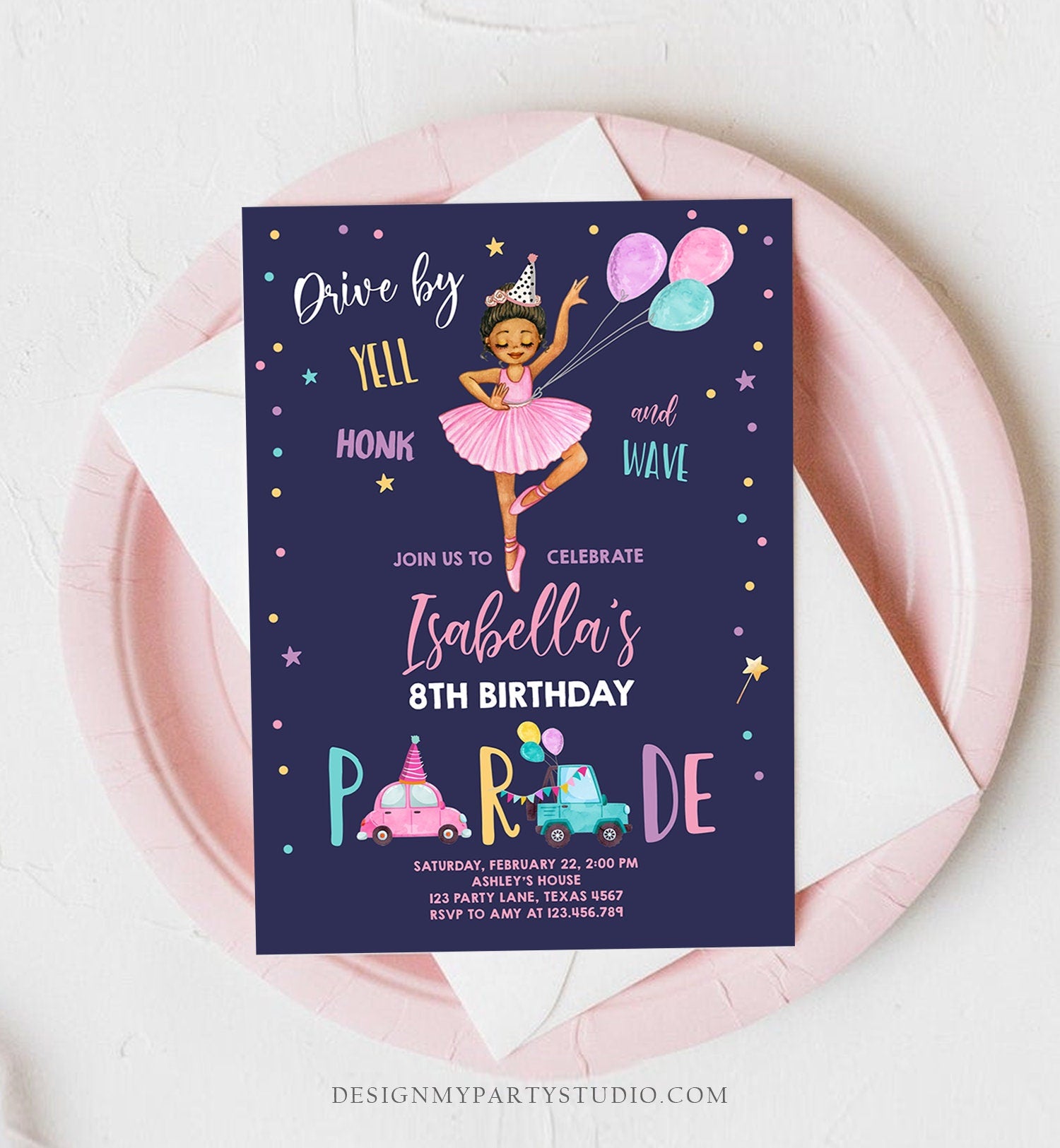 Editable Ballerina Drive By Birthday Parade Invitation Virtual Party Invite Ballet Tutu Car Girl Pink Quarantine Download Digital Corjl 0375