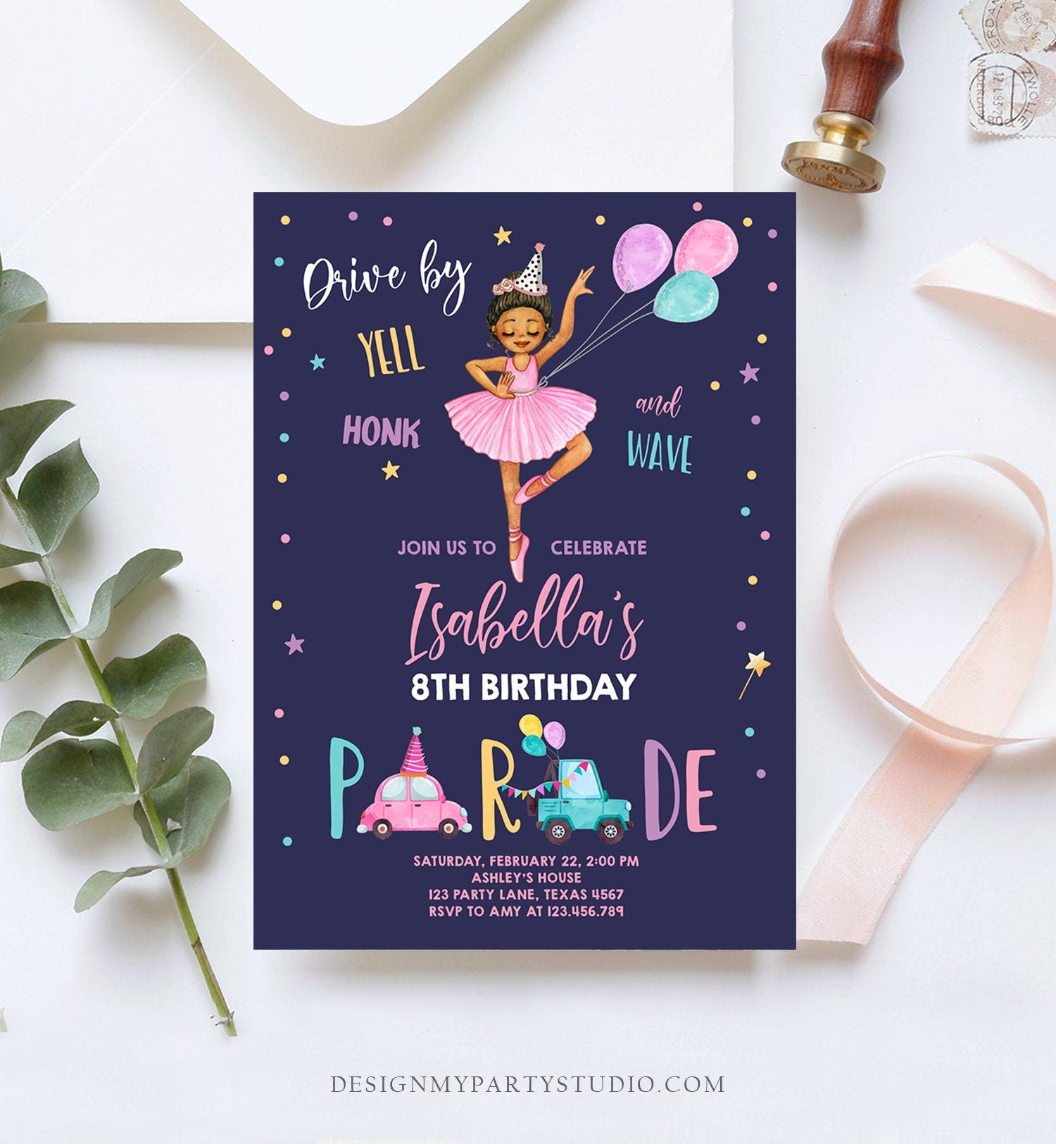 Editable Ballerina Drive By Birthday Parade Invitation Virtual Party Invite Ballet Tutu Car Girl Pink Quarantine Download Digital Corjl 0375