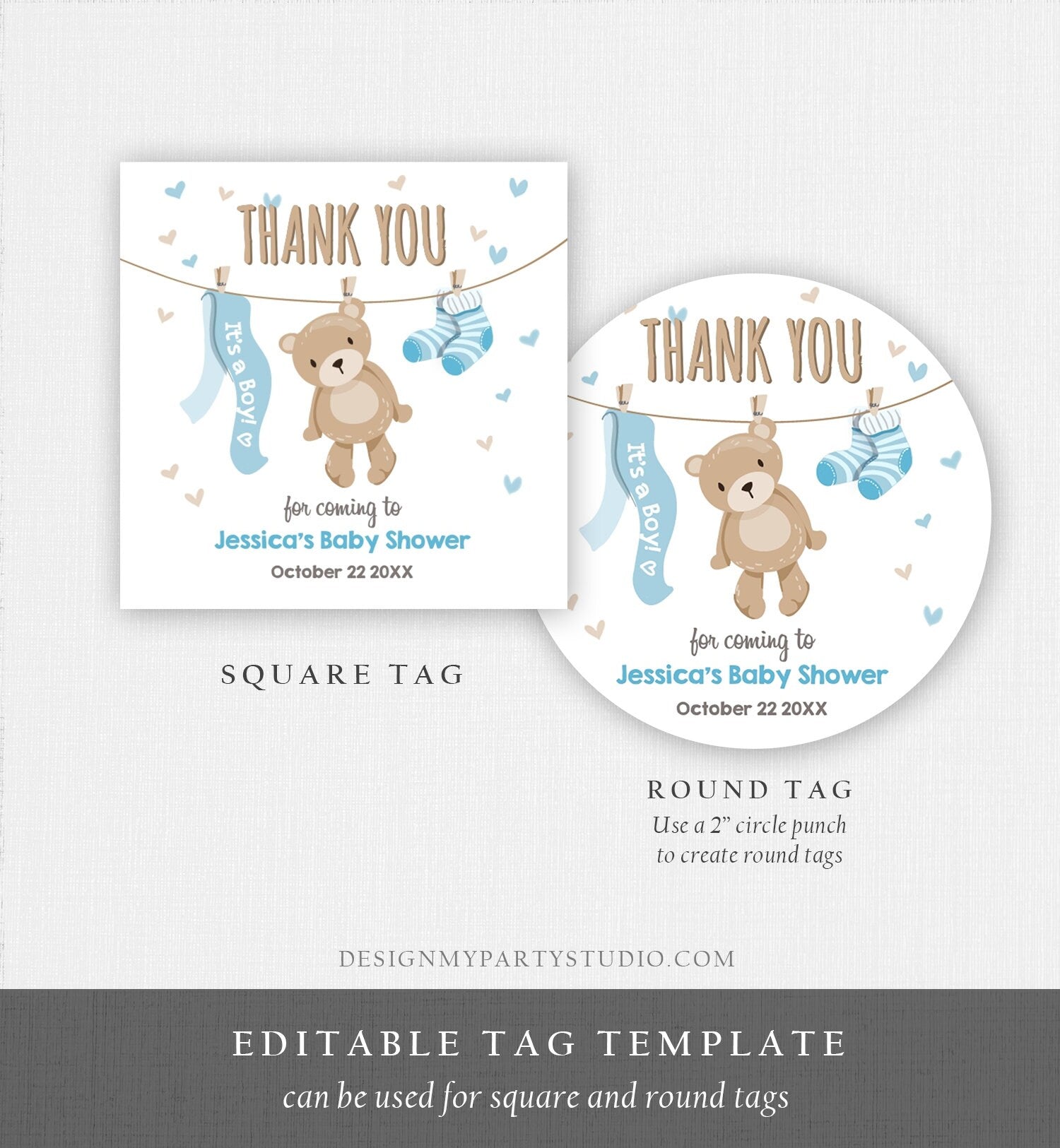 Editable Teddy Bear Baby Shower Favor Tags Bear Baby Shower Thank you Tags Woodland Baby Boy Blue Little Cub Stickers Template Corjl 0025