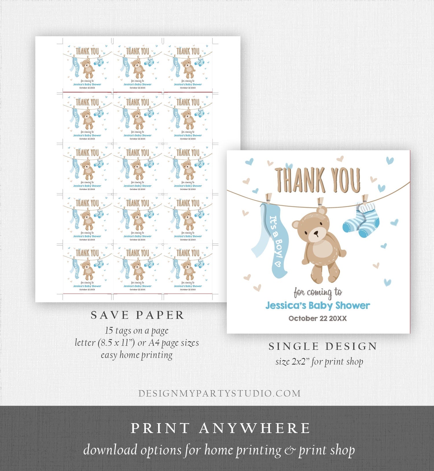 Editable Teddy Bear Baby Shower Favor Tags Bear Baby Shower Thank you Tags Woodland Baby Boy Blue Little Cub Stickers Template Corjl 0025