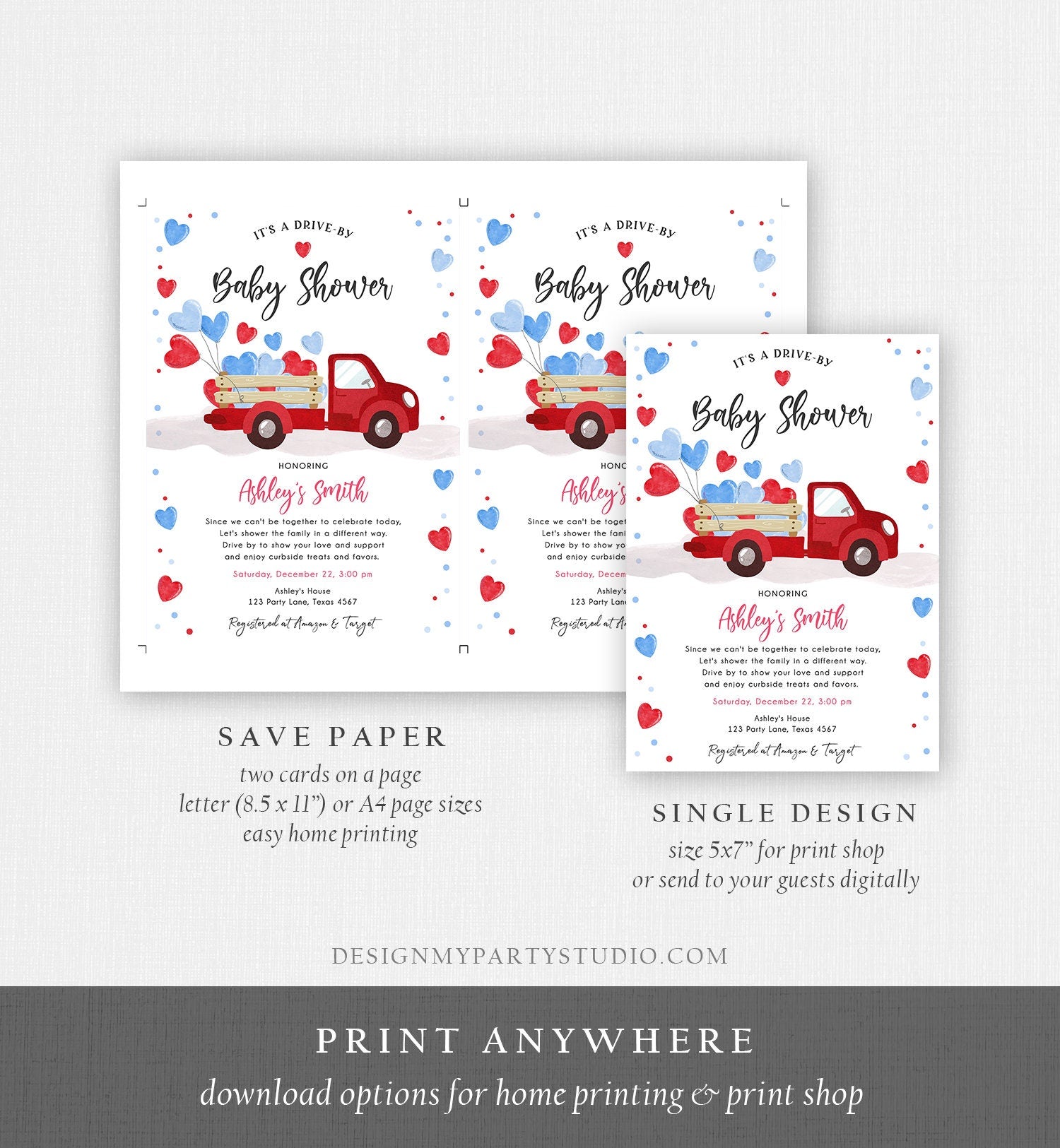 Editable Drive By Little Sweetheart Baby Shower Invitation Valentine Red Blue Boy Hearts Drive Through Truck Corjl Template Printable 0365