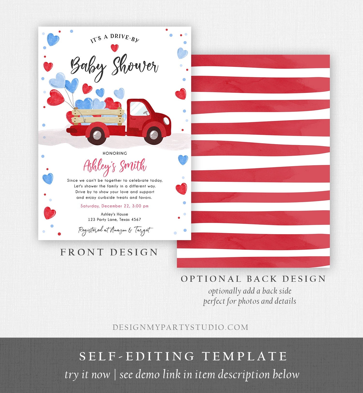 Editable Drive By Little Sweetheart Baby Shower Invitation Valentine Red Blue Boy Hearts Drive Through Truck Corjl Template Printable 0365