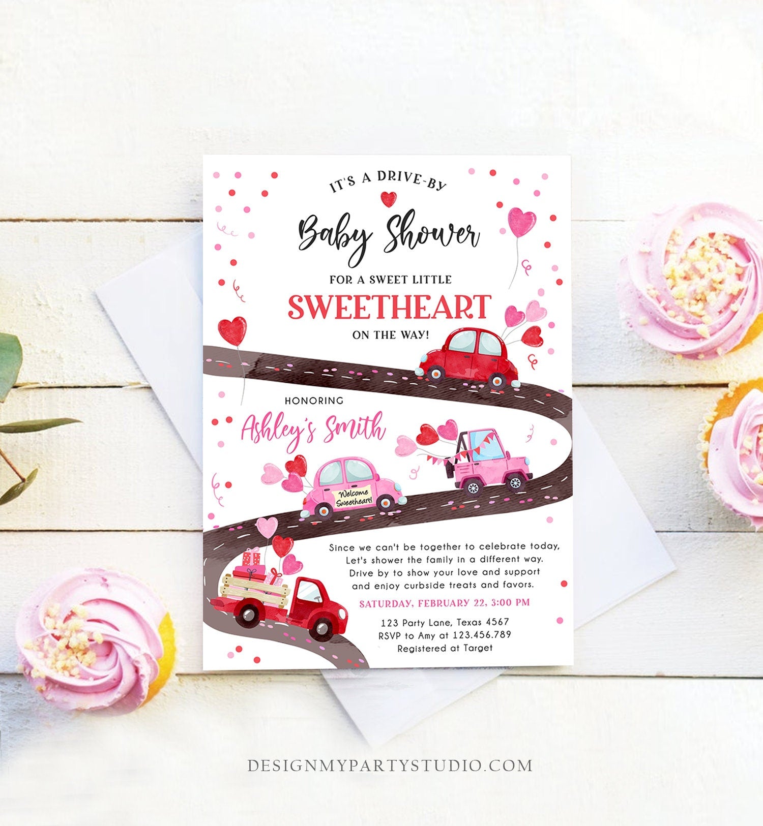 Editable Drive By Little Sweetheart Baby Shower Invitation Valentine Pink Girl Hearts Drive Through Truck Corjl Template Printable 0365