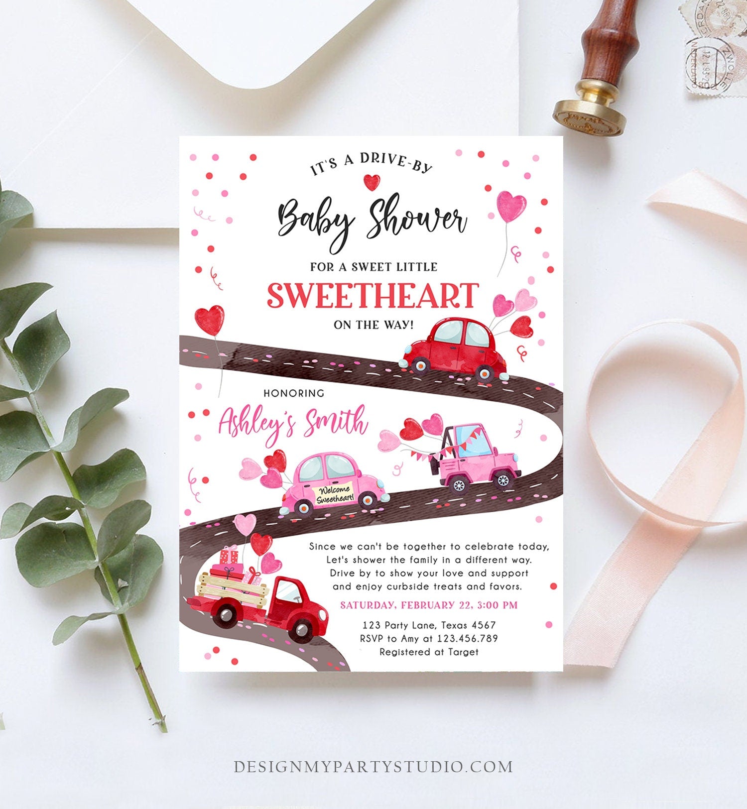 Editable Drive By Little Sweetheart Baby Shower Invitation Valentine Pink Girl Hearts Drive Through Truck Corjl Template Printable 0365