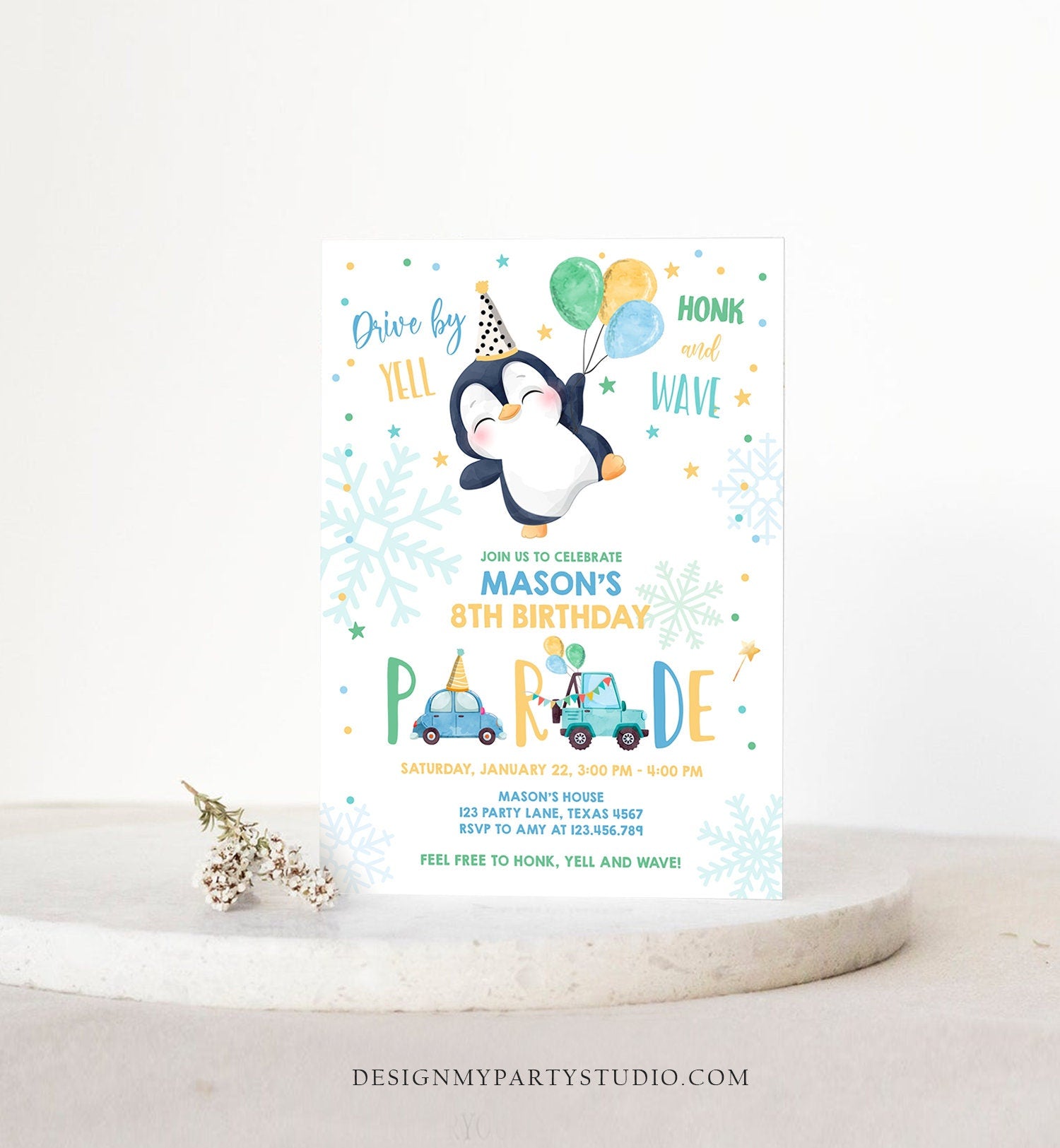 Editable Penguin Drive By Birthday Parade Invitation Winter Party Invite Honk Wave Car Boy Blue Drive Through South Pole Digital Corjl 0372