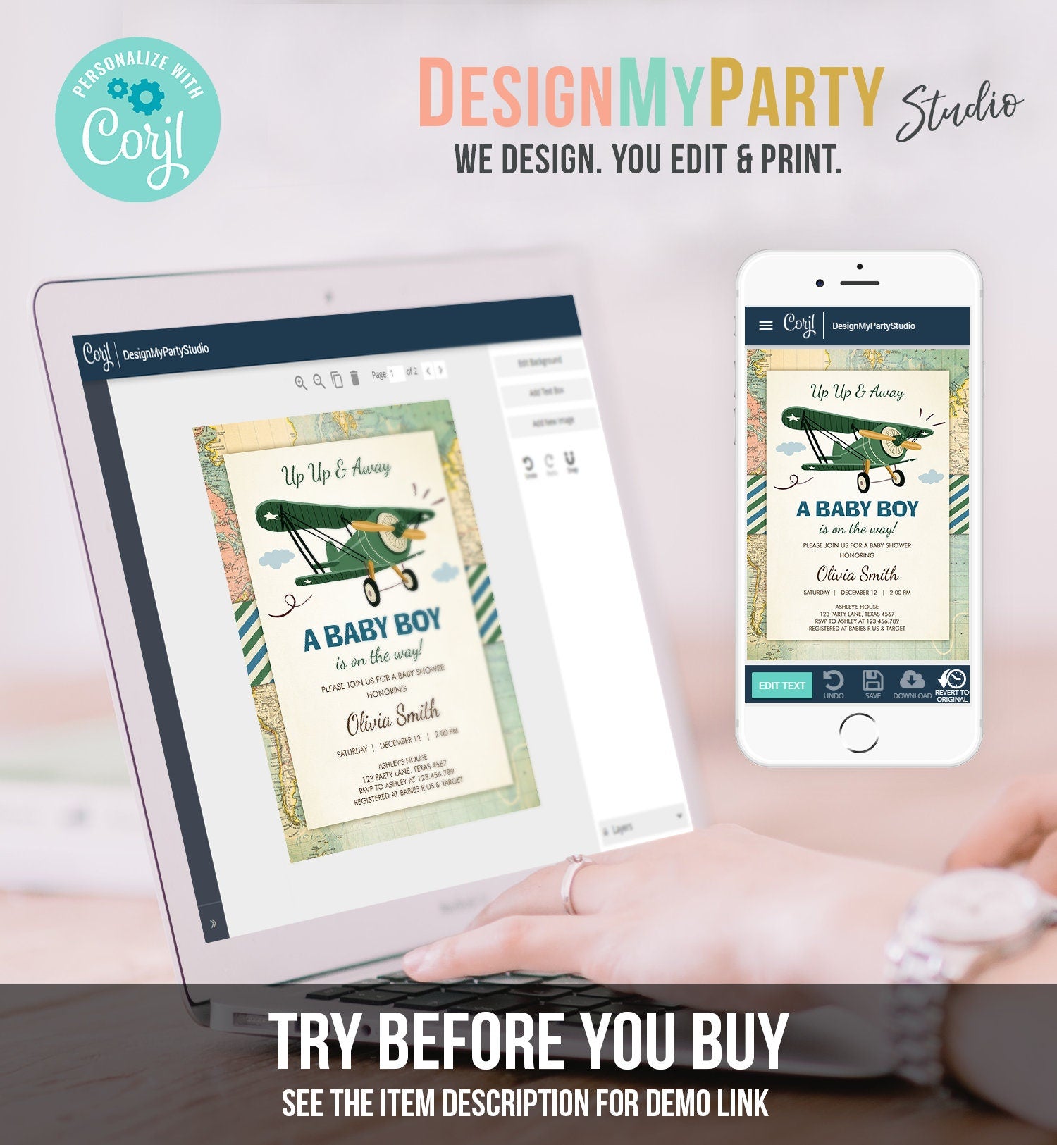 Editable Up Up and Away Airplane Baby Shower Invitation Travel Adventure Baby Boy Green Plane Instant Download Digital Corjl Template 0011