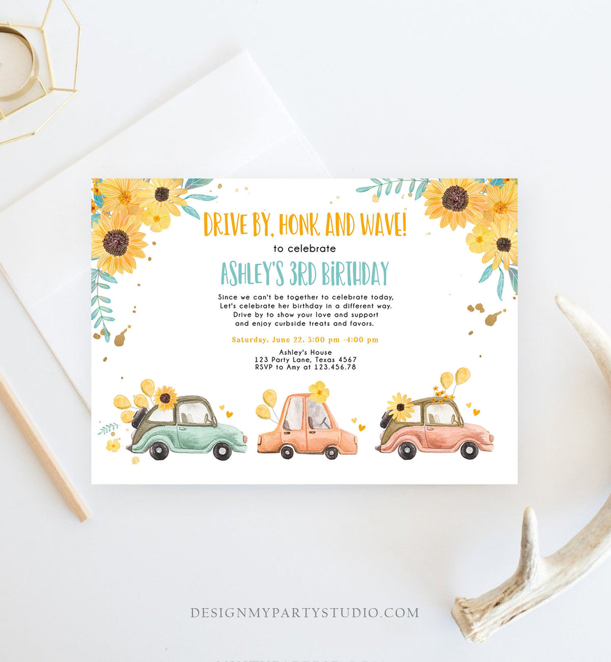 Editable Drive By Birthday Parade Invitation Virtual Party Invite Honk Wave Girl Yellow Sunflowers Summer Drive Through Digital Corjl 0335