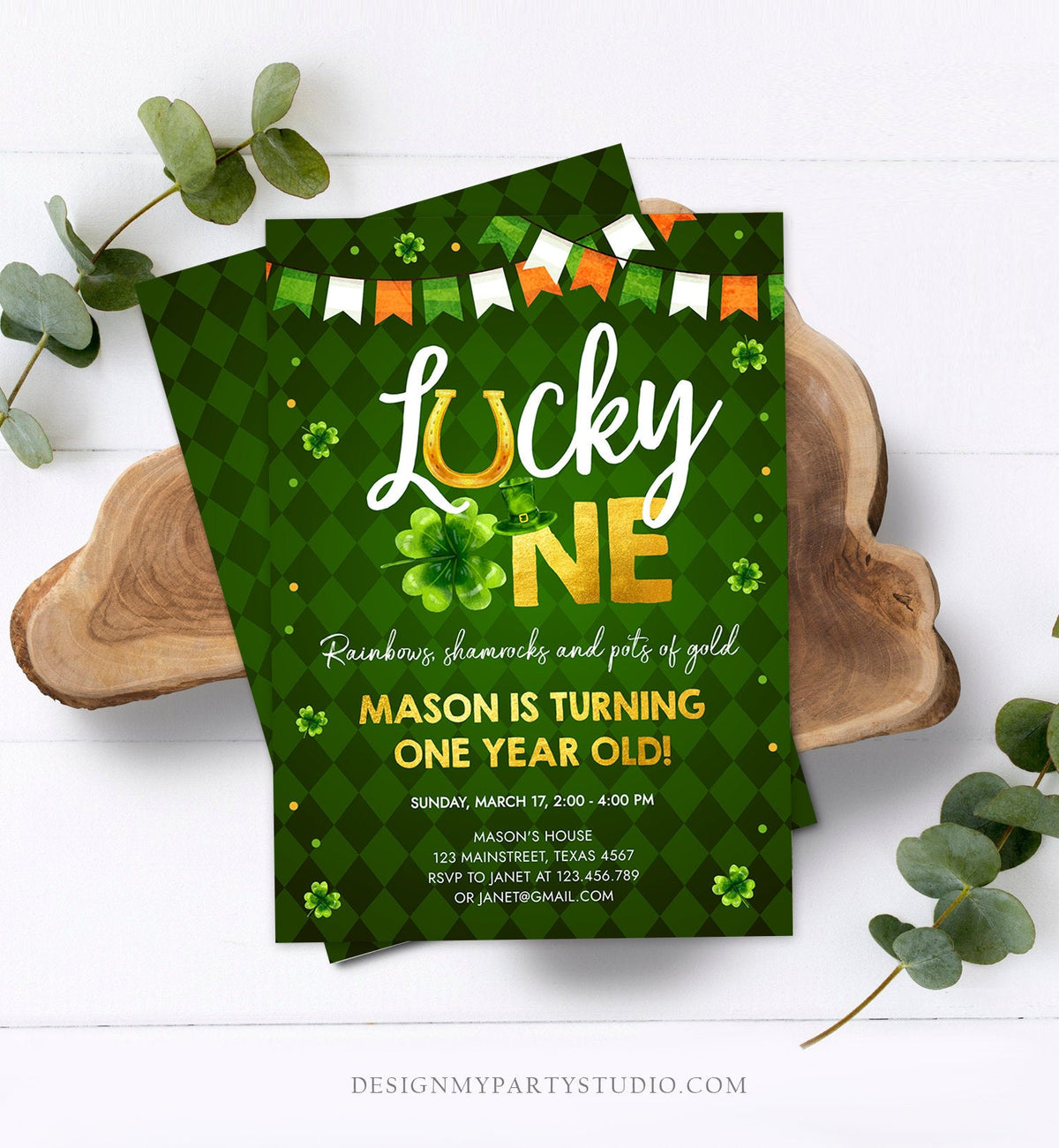 Editable Lucky One Birthday Invitation St. Patrick&amp;#39;s Day First Birthday 1st Boy Shamrock Clover Download Corjl Template Printable 0379