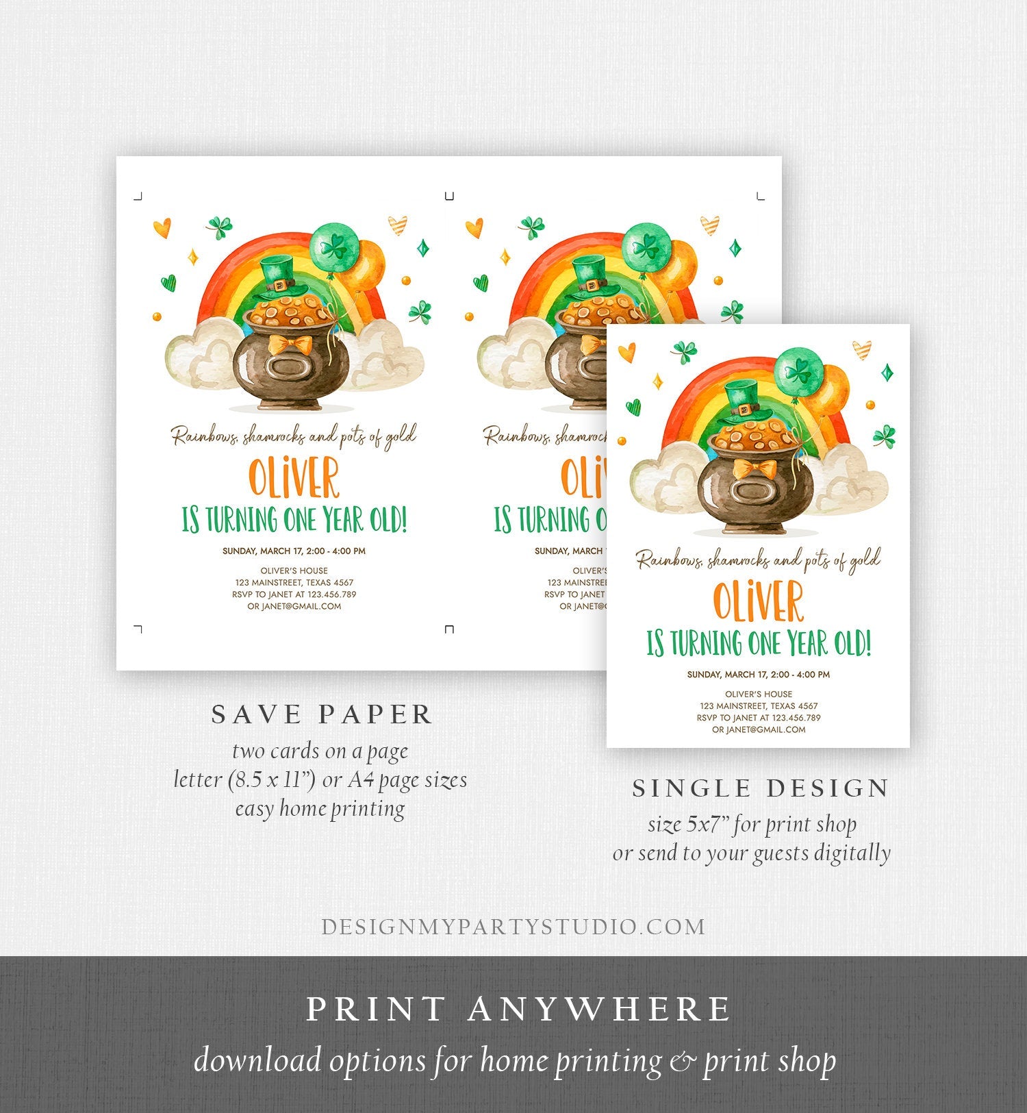 Editable Lucky One Birthday Invitation St. Patrick&#39;s Day First Birthday 1st Boy Shamrock Clover Download Corjl Template Printable 0380