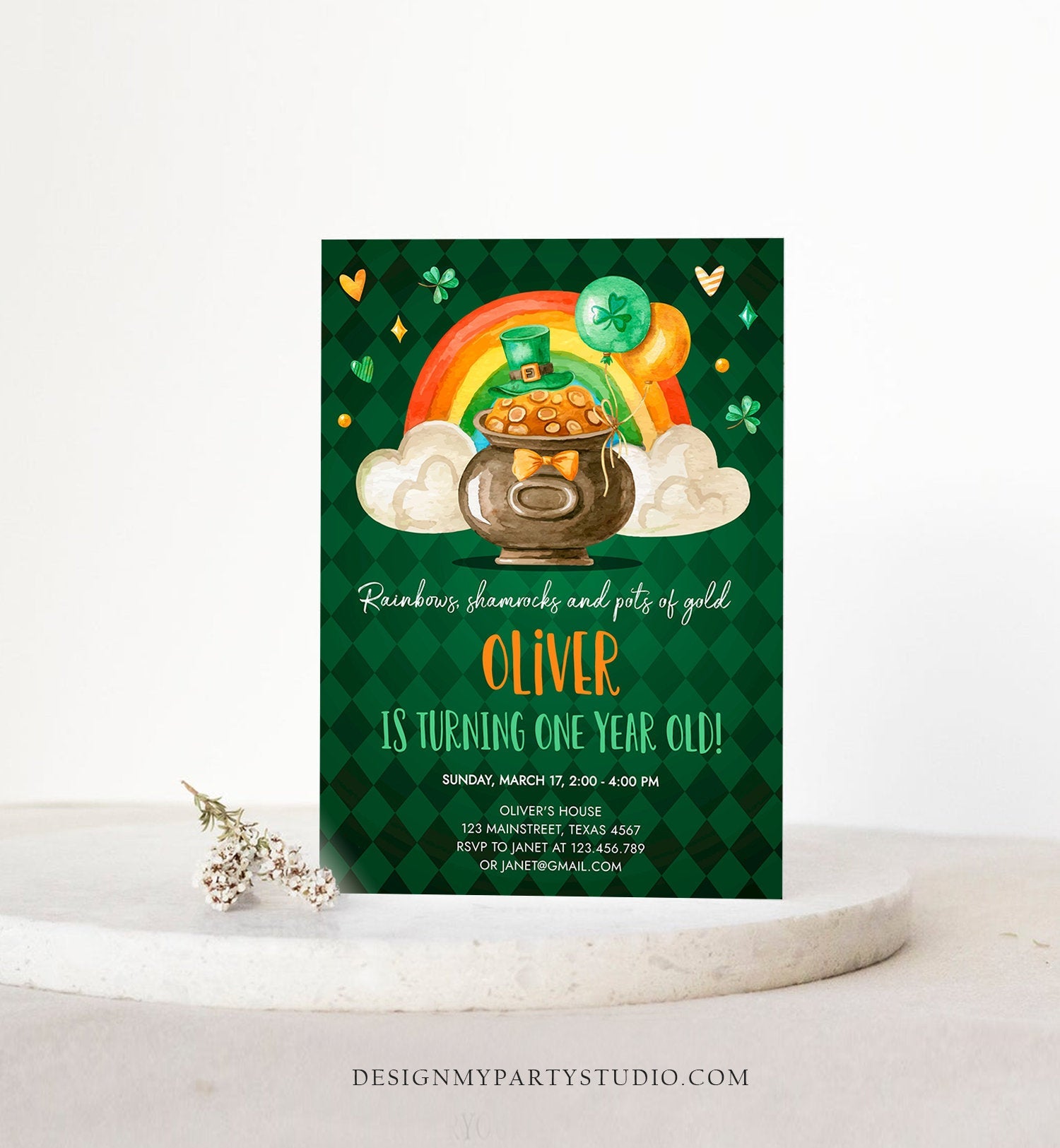 Editable Lucky One Birthday Invitation St. Patrick&#39;s Day First Birthday 1st Boy Shamrock Clover Download Corjl Template Printable 0380