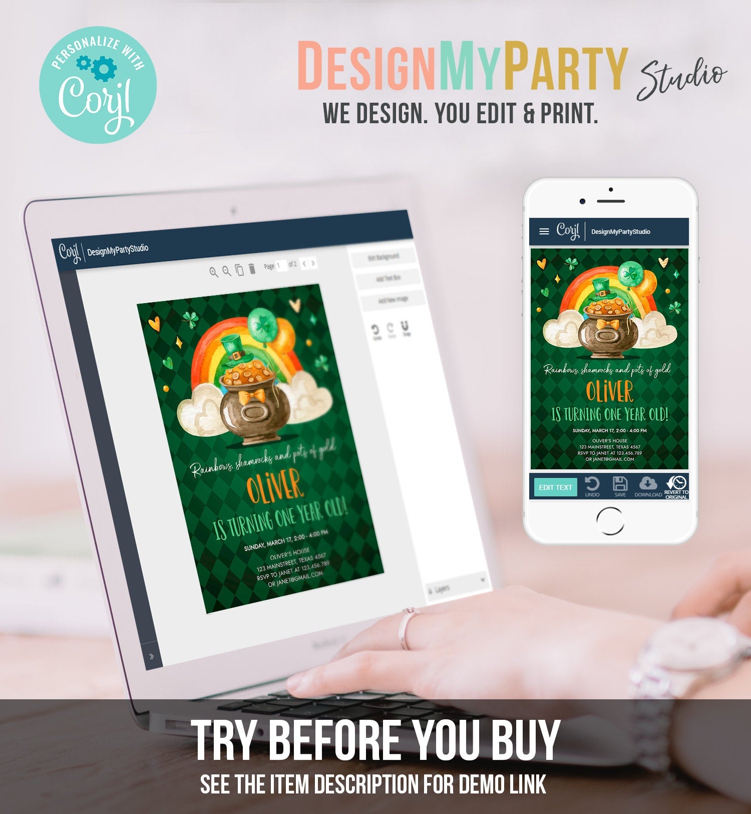 Editable Lucky One Birthday Invitation St. Patrick&#39;s Day First Birthday 1st Boy Shamrock Clover Download Corjl Template Printable 0380