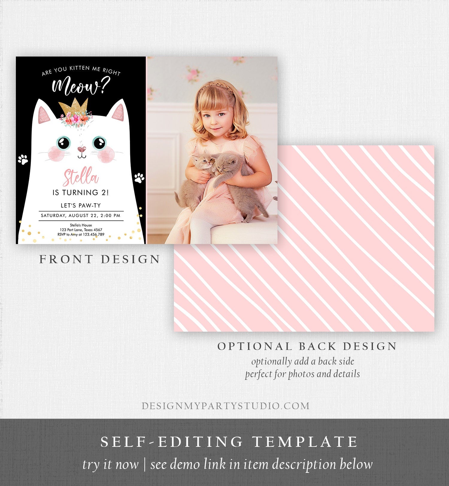 Editable Kitten Birthday Invitation Kitty Cat birthday Party Cat Invite Are You Kitten Me Black Girl Download Printable Digital Corjl 0381