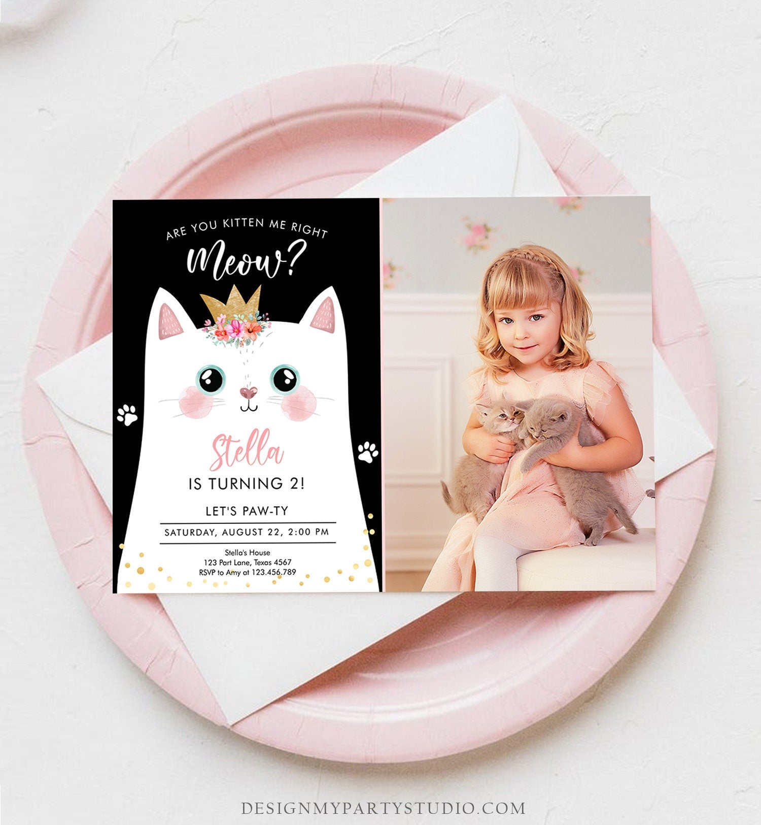 Editable Kitten Birthday Invitation Kitty Cat birthday Party Cat Invite Are You Kitten Me Black Girl Download Printable Digital Corjl 0381