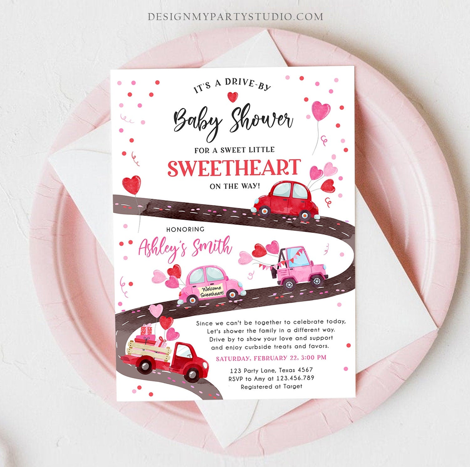 Editable Drive By Little Sweetheart Baby Shower Invitation Valentine Pink Girl Hearts Drive Through Truck Corjl Template Printable 0365