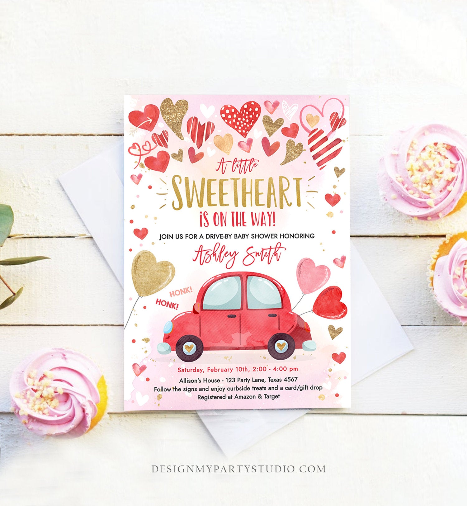 Editable Drive By Sweetheart Baby Shower Invitation Valentine Pink Girl Hearts Drive Through Red Heart Car Corjl Template Printable 0371