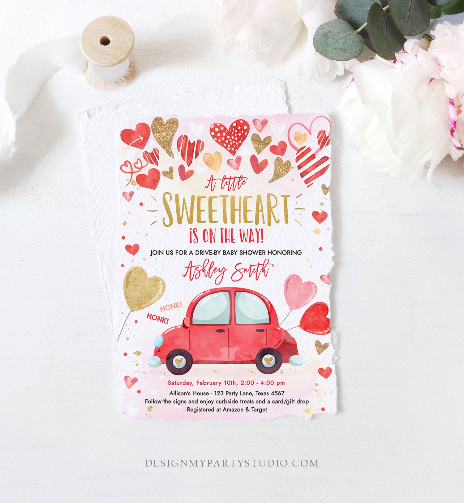 Editable Drive By Sweetheart Baby Shower Invitation Valentine Pink Girl Hearts Drive Through Red Heart Car Corjl Template Printable 0371