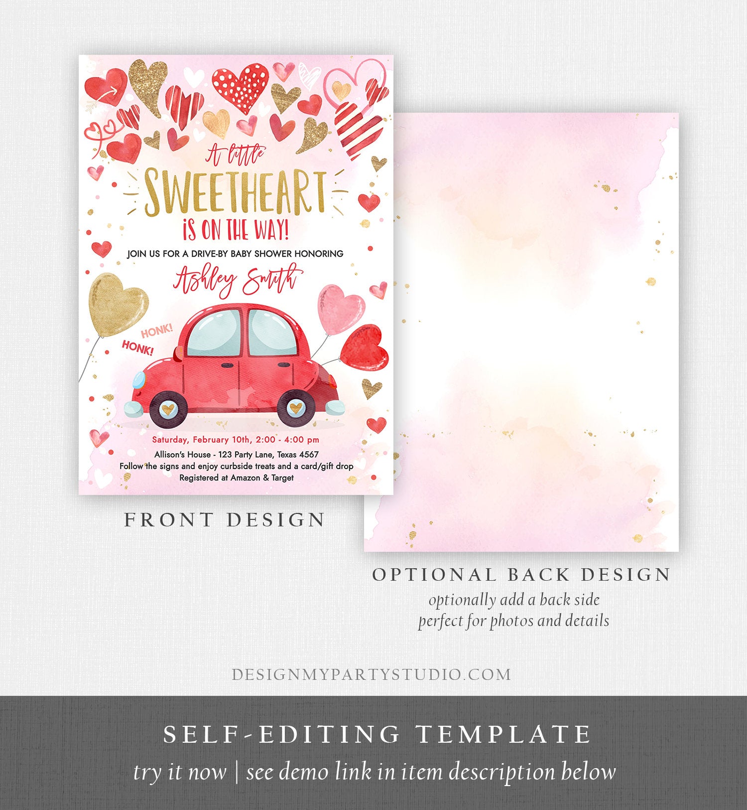 Editable Drive By Sweetheart Baby Shower Invitation Valentine Pink Girl Hearts Drive Through Red Heart Car Corjl Template Printable 0371