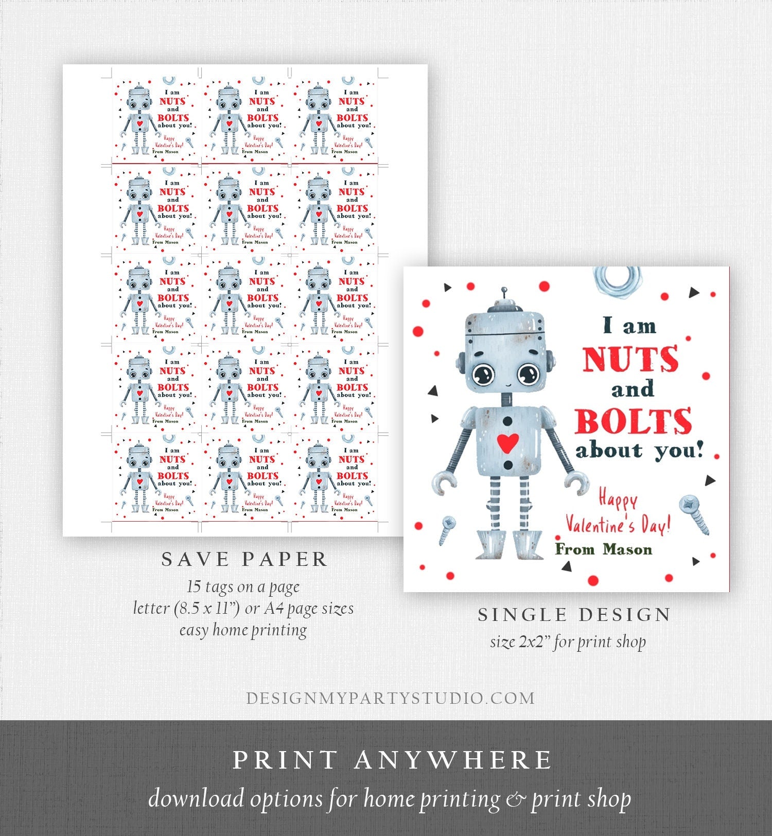 Editable Valentine's Day Card for Kids Robot Valentines Tag Cookie Tag Nuts and Bolts Sticker Printable Personalized Digital PRINTABLE 0370