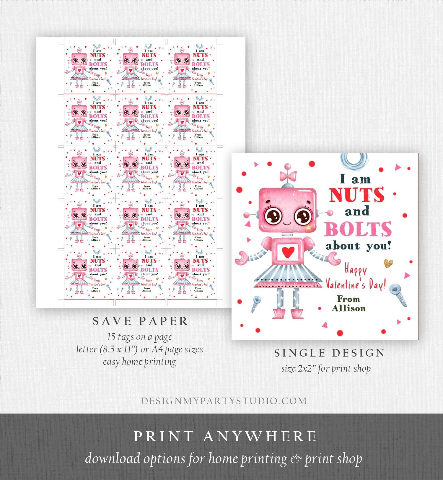 Editable Valentine's Day Card for Kids Robot Valentines Tag Cookie Tag Nuts and Bolts Sticker Printable Personalized Digital PRINTABLE 0370