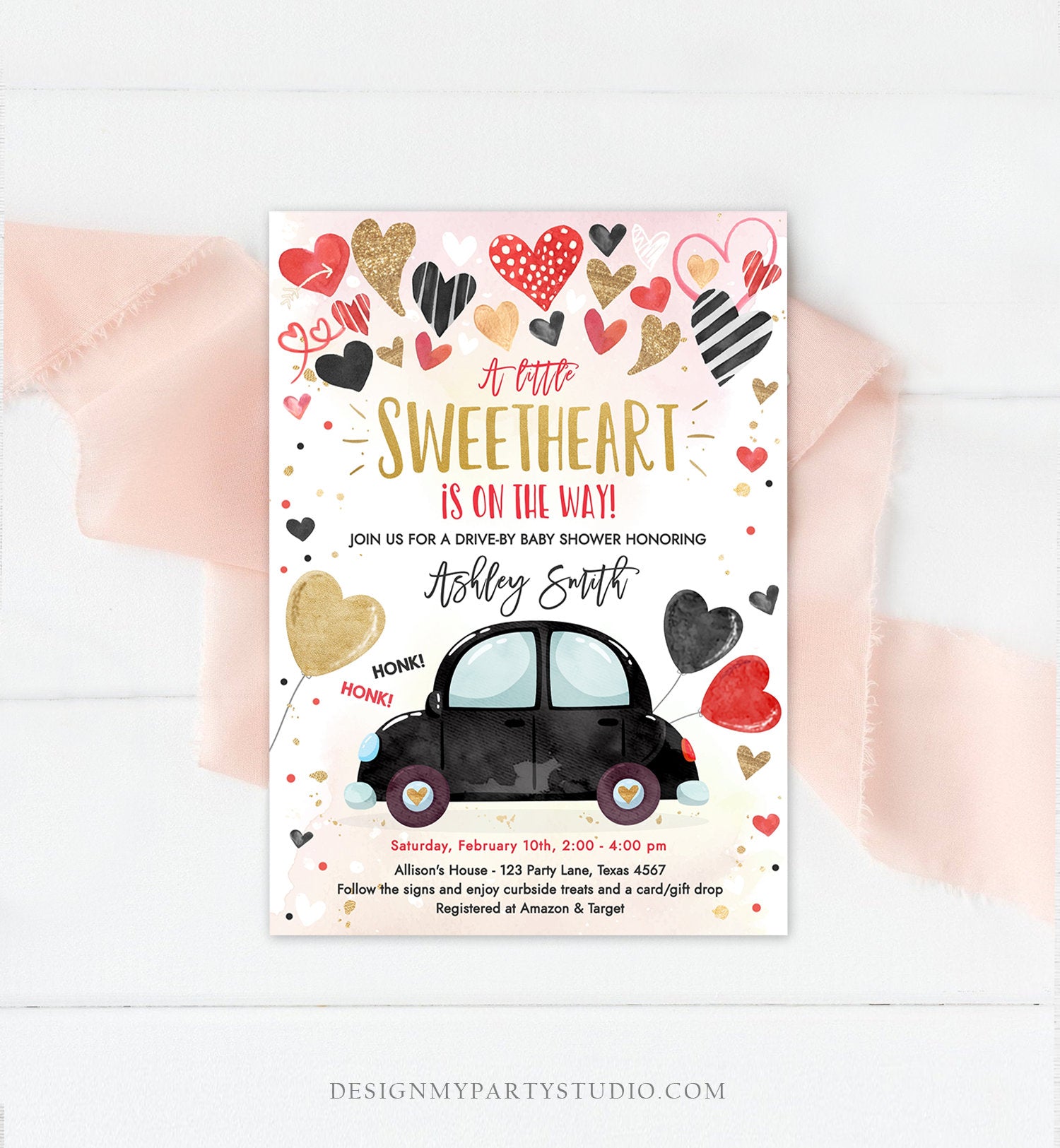 Editable Drive By Sweetheart Baby Shower Invitation Valentine Black Gold Hearts Drive Through Red Heart Car Corjl Template Printable 0371