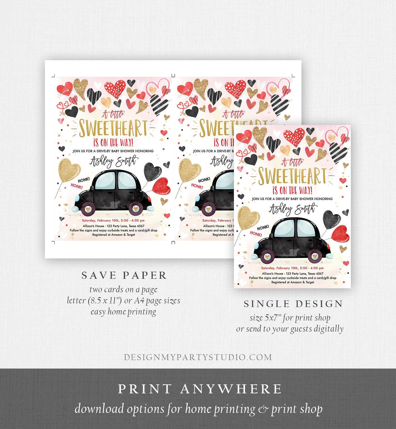 Editable Drive By Sweetheart Baby Shower Invitation Valentine Black Gold Hearts Drive Through Red Heart Car Corjl Template Printable 0371