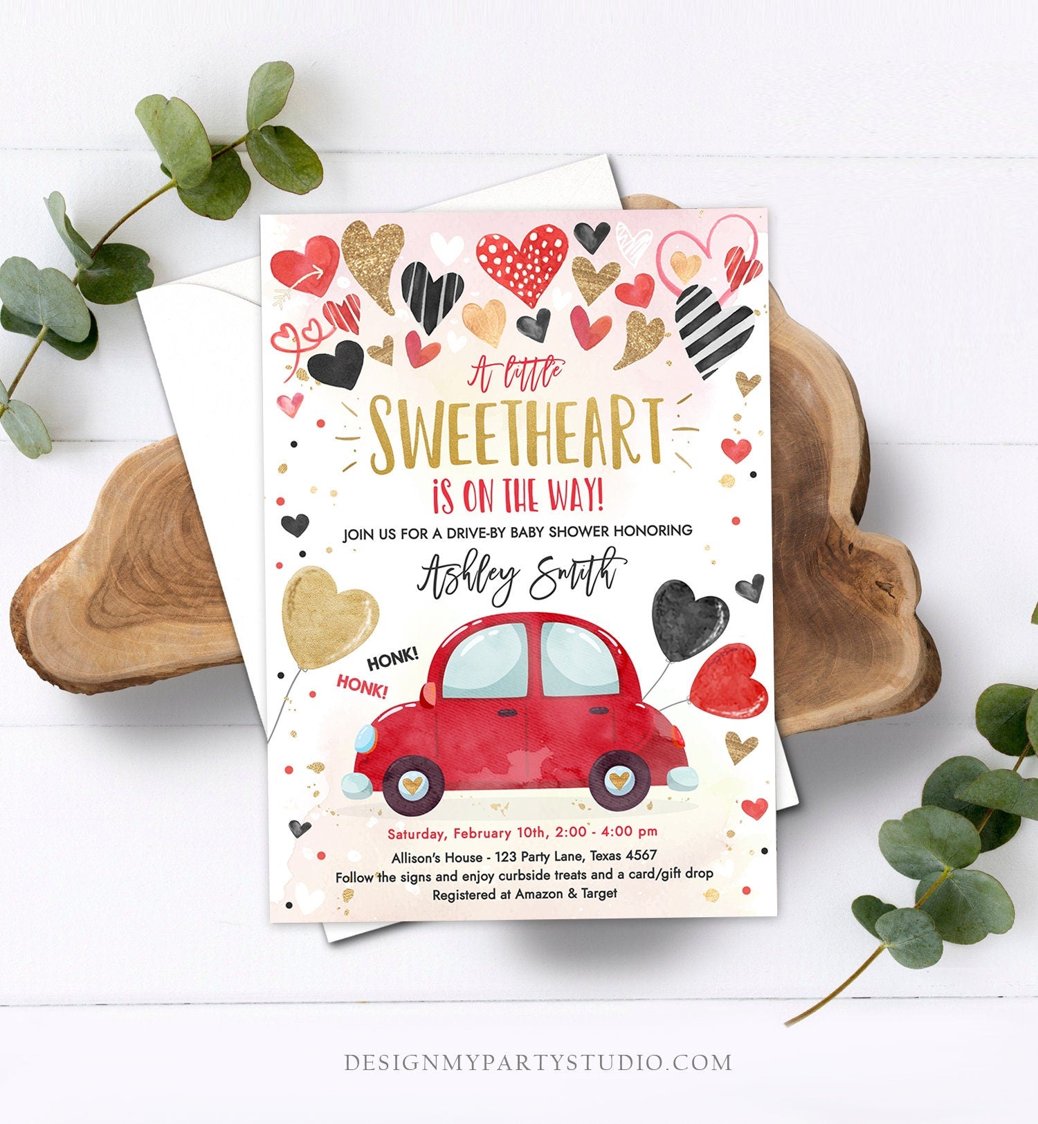 Editable Drive By Sweetheart Baby Shower Invitation Valentine Black Gold Hearts Drive Through Red Heart Car Corjl Template Printable 0371