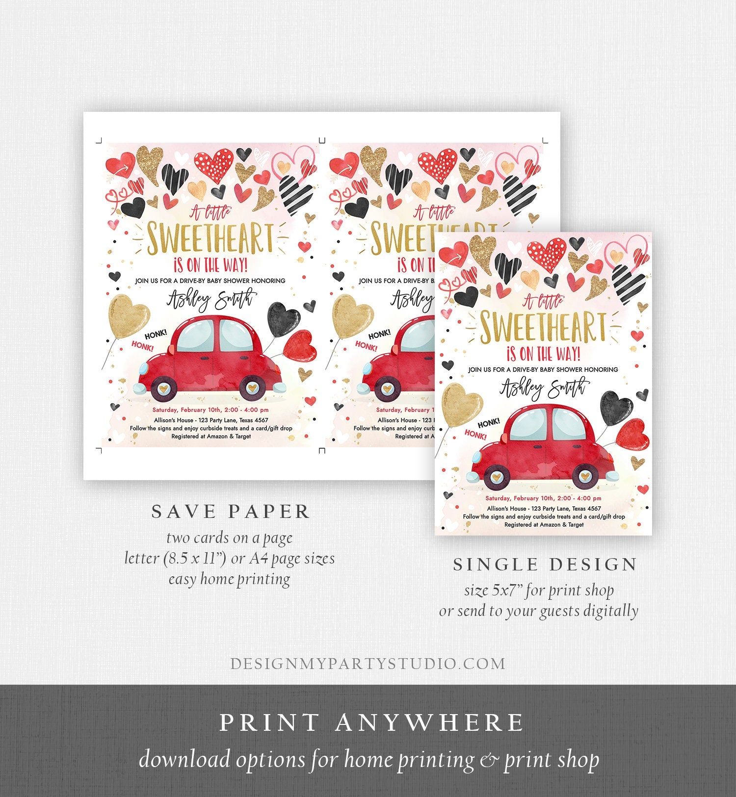 Editable Drive By Sweetheart Baby Shower Invitation Valentine Black Gold Hearts Drive Through Red Heart Car Corjl Template Printable 0371