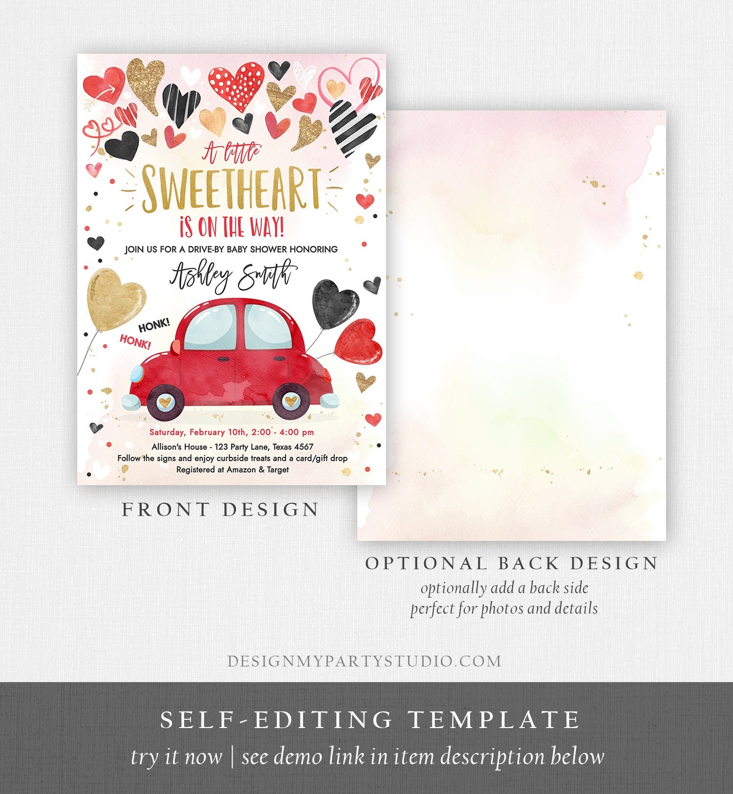 Editable Drive By Sweetheart Baby Shower Invitation Valentine Black Gold Hearts Drive Through Red Heart Car Corjl Template Printable 0371