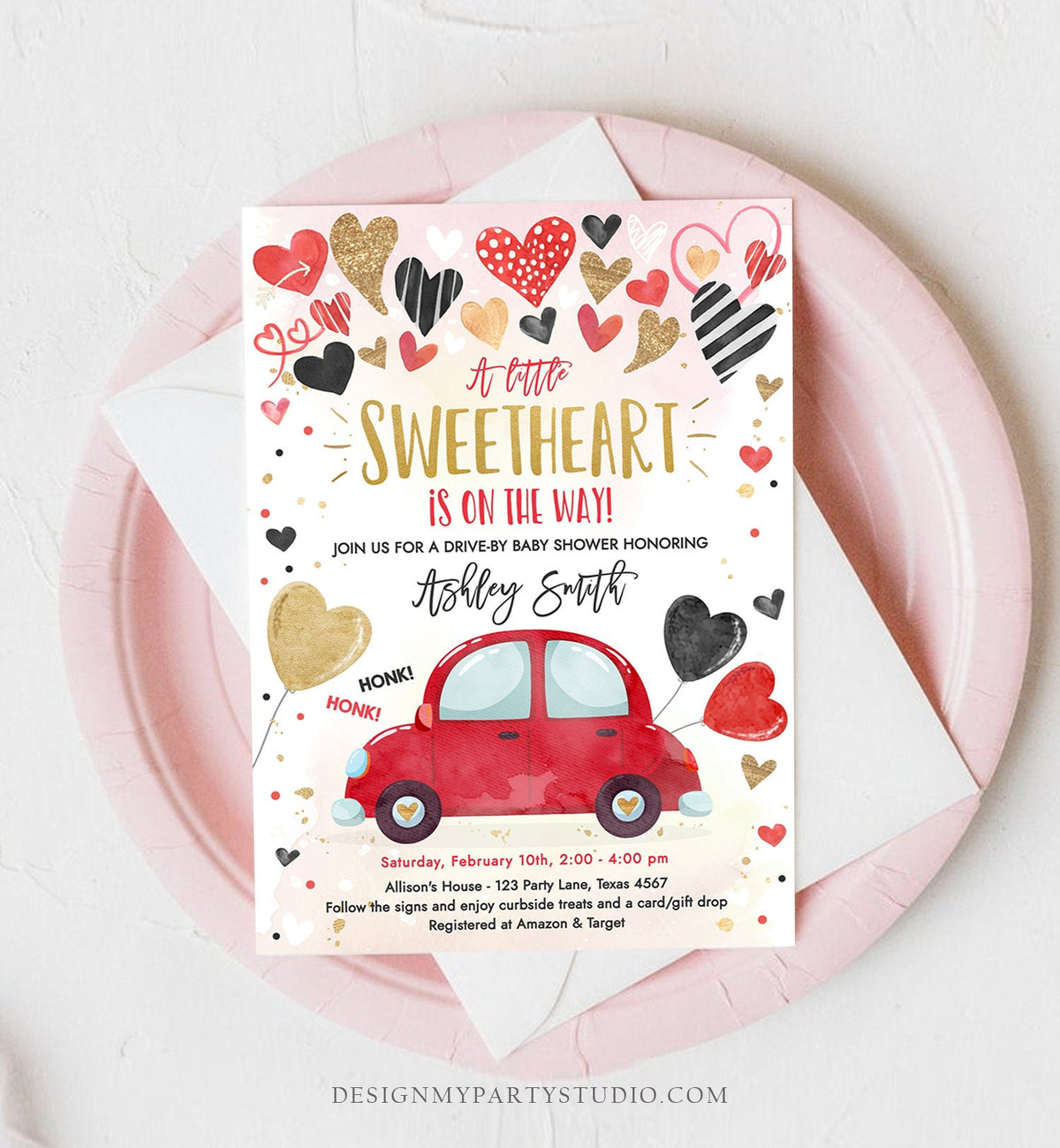 Editable Drive By Sweetheart Baby Shower Invitation Valentine Black Gold Hearts Drive Through Red Heart Car Corjl Template Printable 0371