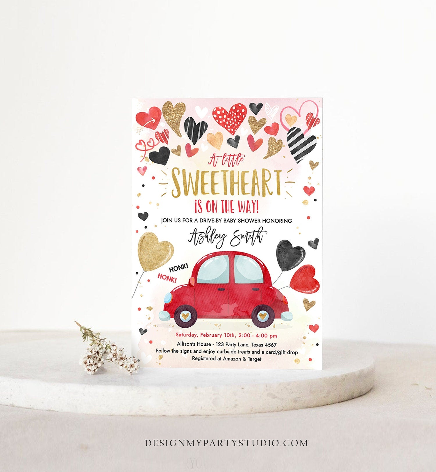 Editable Drive By Sweetheart Baby Shower Invitation Valentine Black Gold Hearts Drive Through Red Heart Car Corjl Template Printable 0371