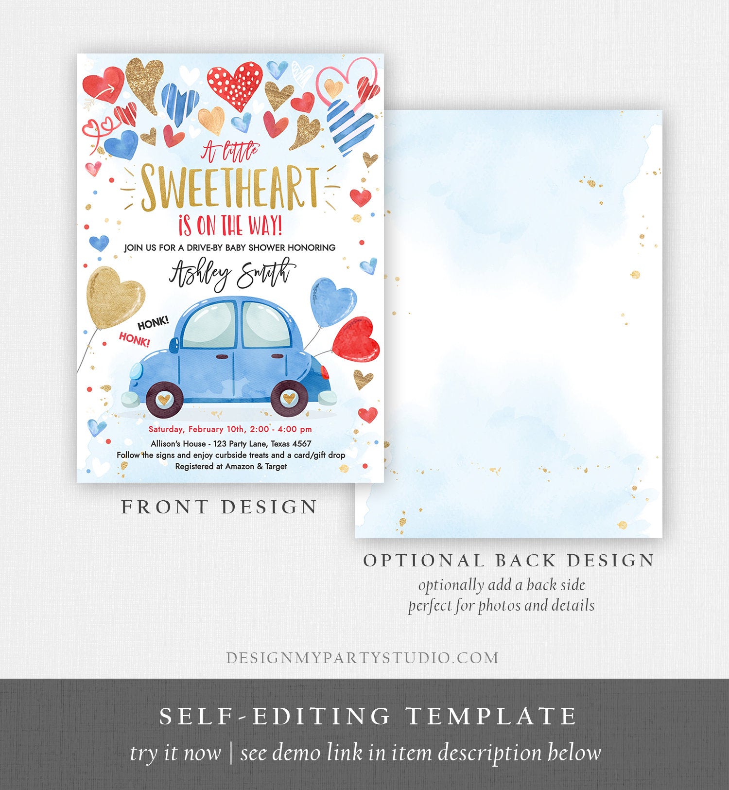 Editable Drive By Sweetheart Baby Shower Invitation Valentine Blue Gold Hearts Drive Through Red Heart Car Corjl Template Printable 0371