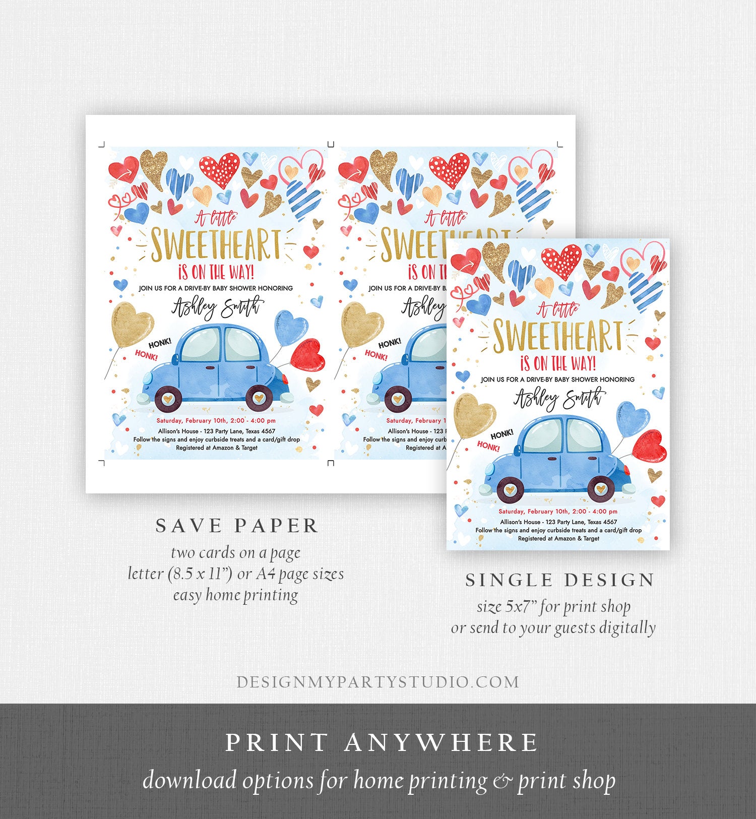 Editable Drive By Sweetheart Baby Shower Invitation Valentine Blue Gold Hearts Drive Through Red Heart Car Corjl Template Printable 0371