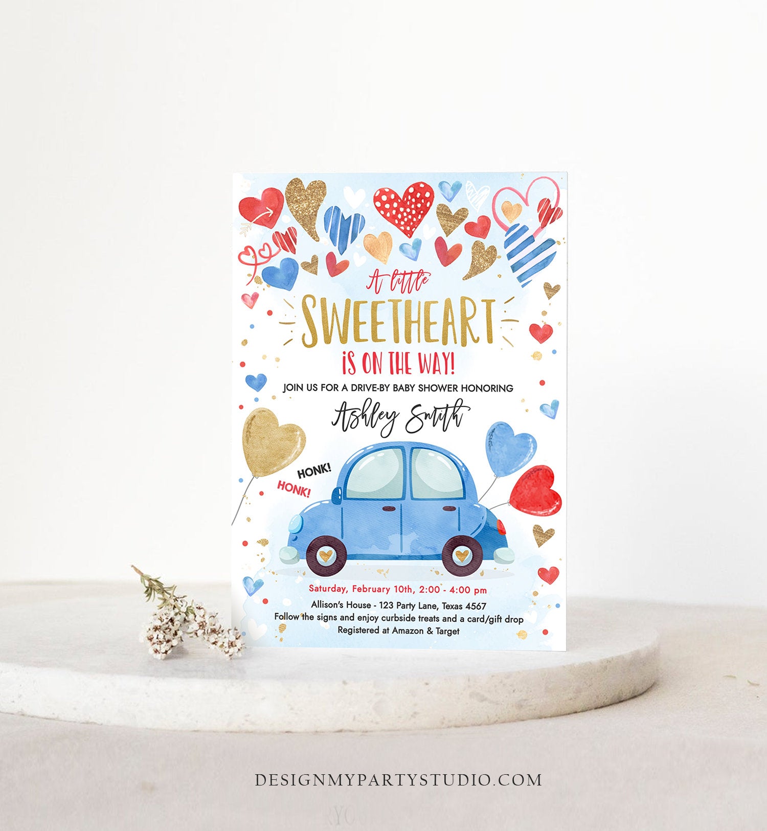 Editable Drive By Sweetheart Baby Shower Invitation Valentine Blue Gold Hearts Drive Through Red Heart Car Corjl Template Printable 0371