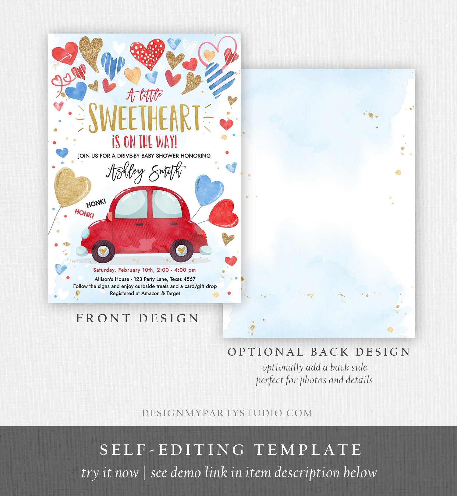 Editable Drive By Sweetheart Baby Shower Invitation Valentine Blue Gold Hearts Drive Through Red Heart Car Corjl Template Printable 0371