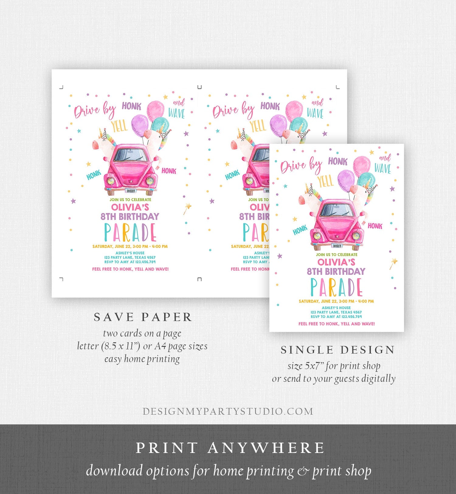 Editable Unicorn Drive By Birthday Parade Invitation Virtual Party Invite Honk Wave Car Girl Pink Quarantine Download Digital Corjl 0336