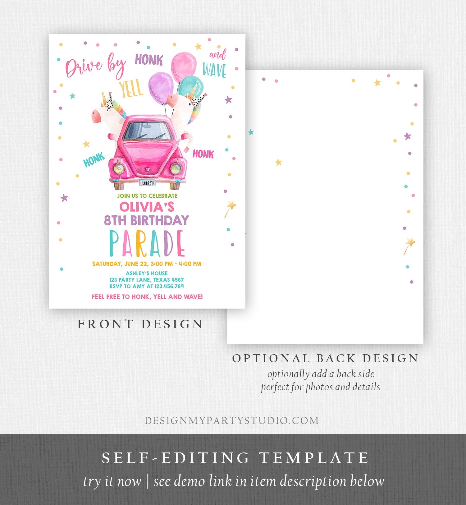 Editable Unicorn Drive By Birthday Parade Invitation Virtual Party Invite Honk Wave Car Girl Pink Quarantine Download Digital Corjl 0336