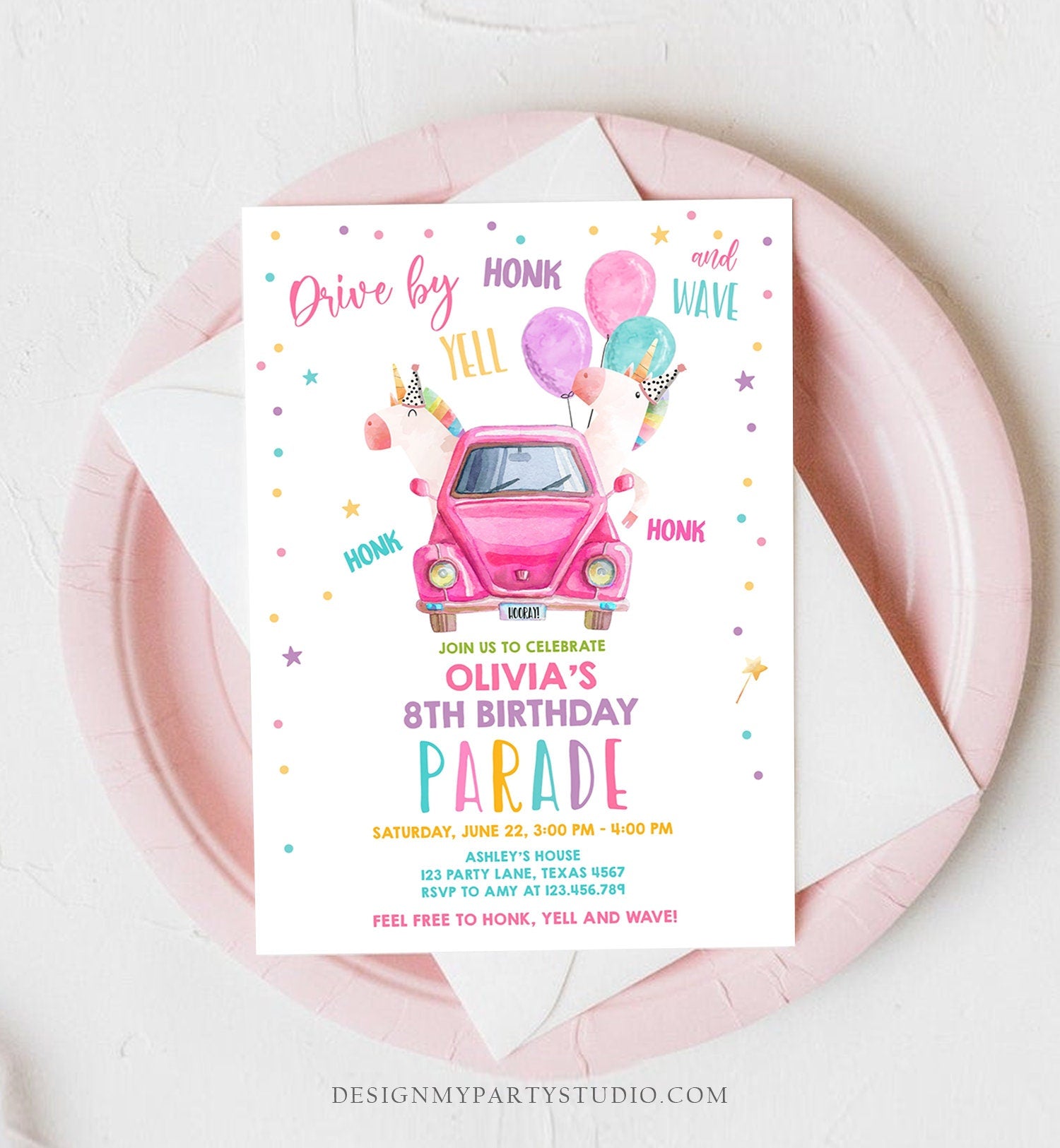 Editable Unicorn Drive By Birthday Parade Invitation Virtual Party Invite Honk Wave Car Girl Pink Quarantine Download Digital Corjl 0336