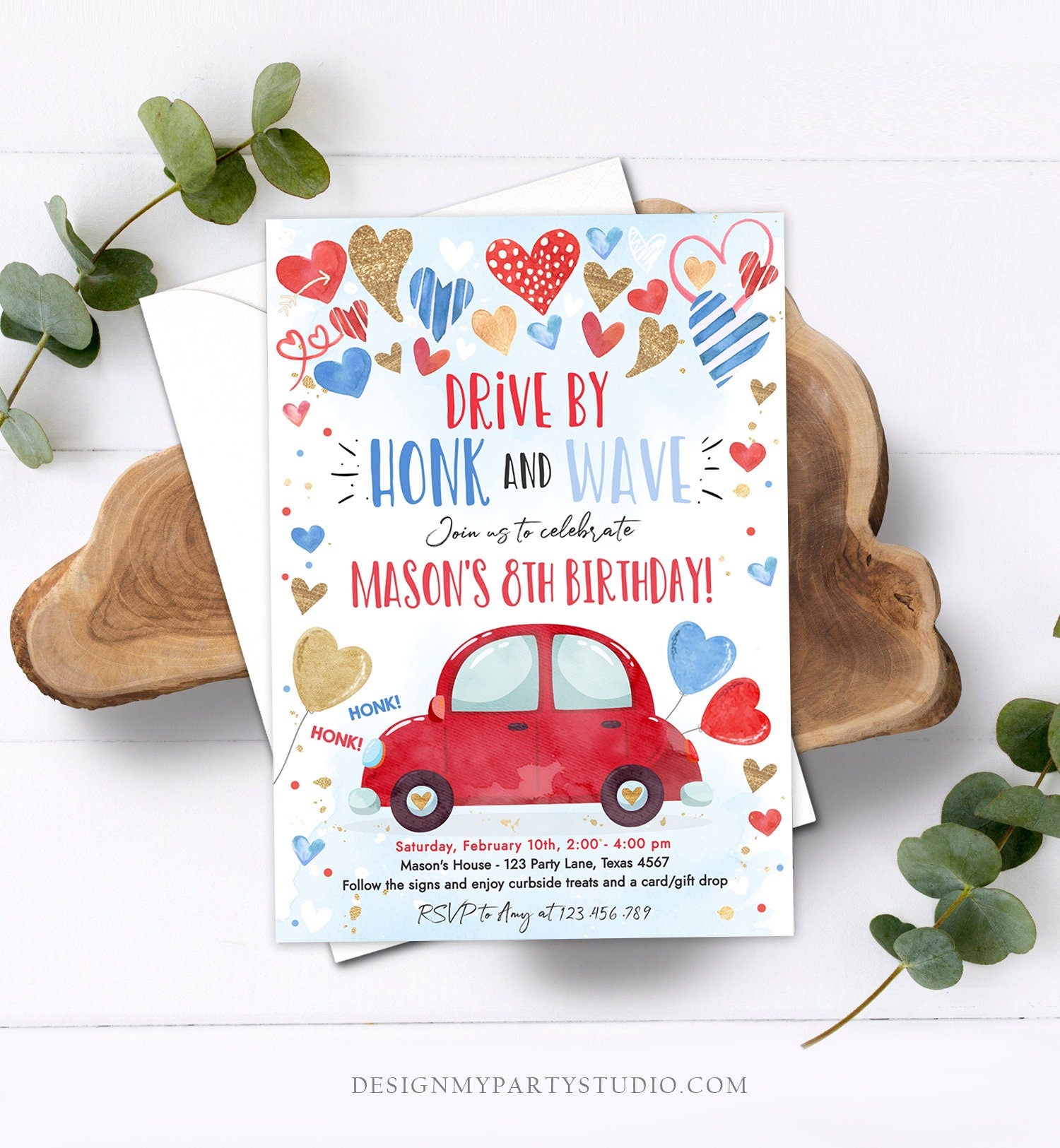 Editable Drive By Birthday Invitation Valentine Sweetheart Blue Gold Hearts Drive Through Red Heart Car Corjl Template Printable 0371