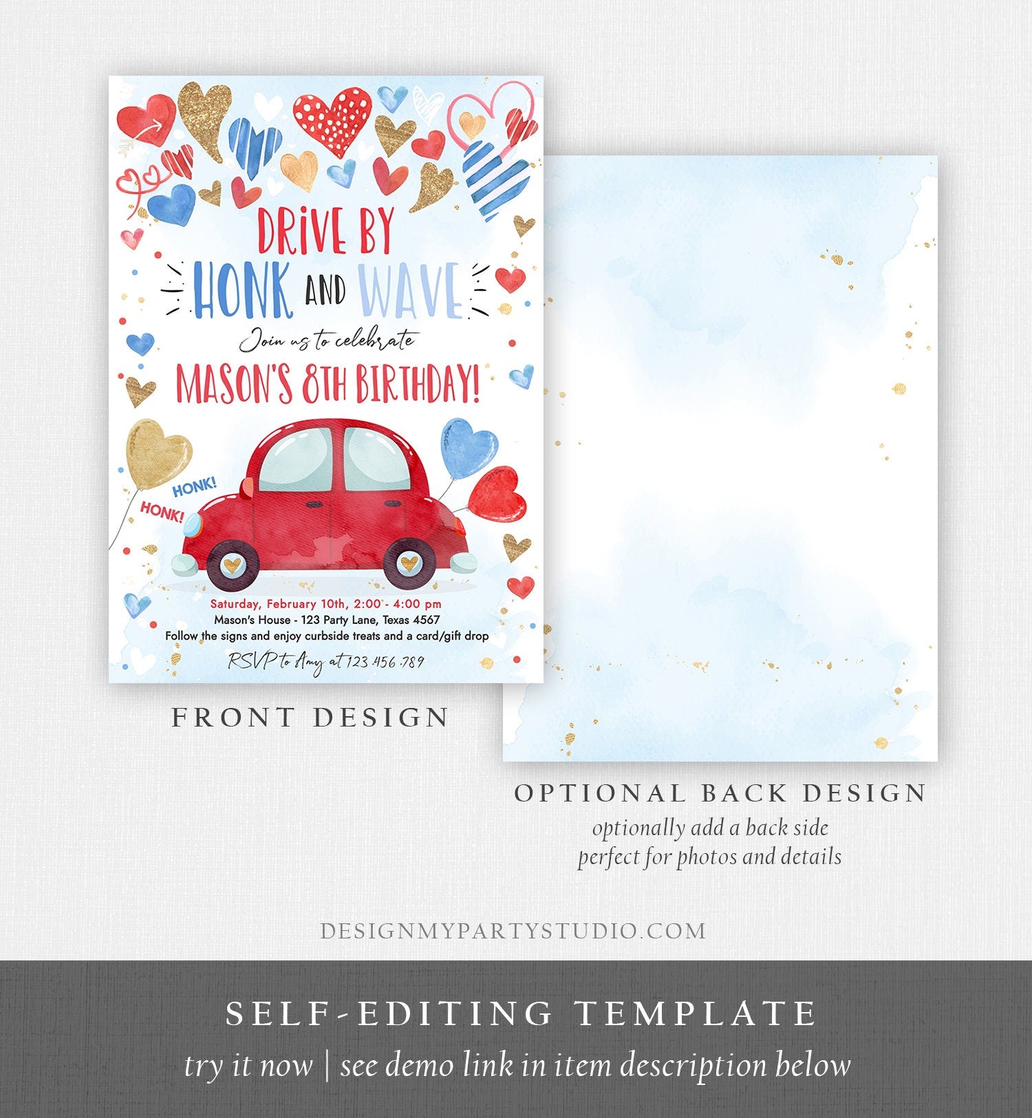 Editable Drive By Birthday Invitation Valentine Sweetheart Blue Gold Hearts Drive Through Red Heart Car Corjl Template Printable 0371