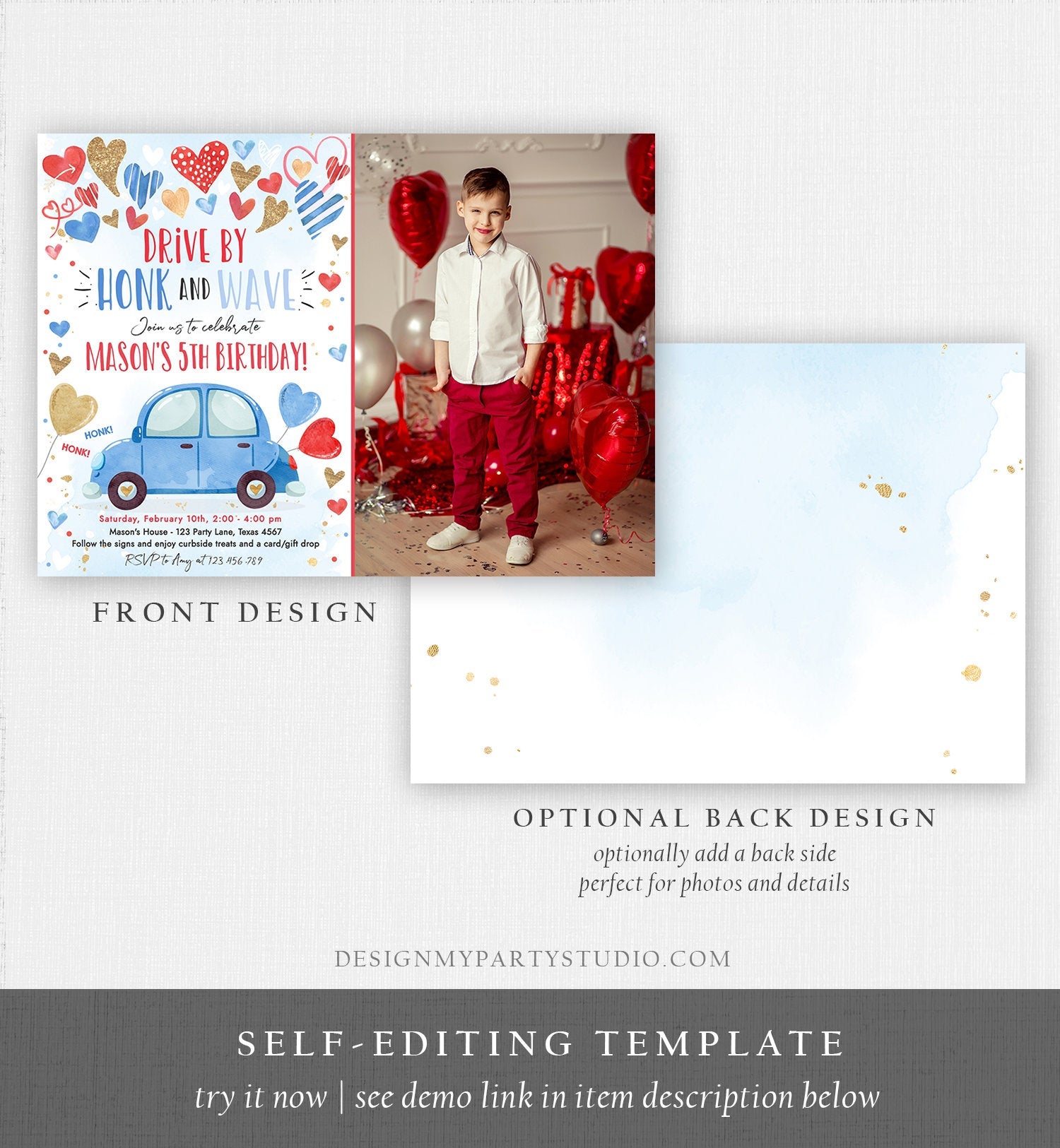 Editable Drive By Birthday Invitation Valentine Sweetheart Blue Gold Hearts Drive Through Red Heart Car Corjl Template Printable 0371