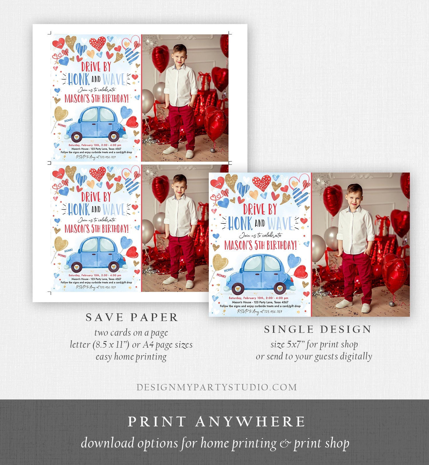 Editable Drive By Birthday Invitation Valentine Sweetheart Blue Gold Hearts Drive Through Red Heart Car Corjl Template Printable 0371