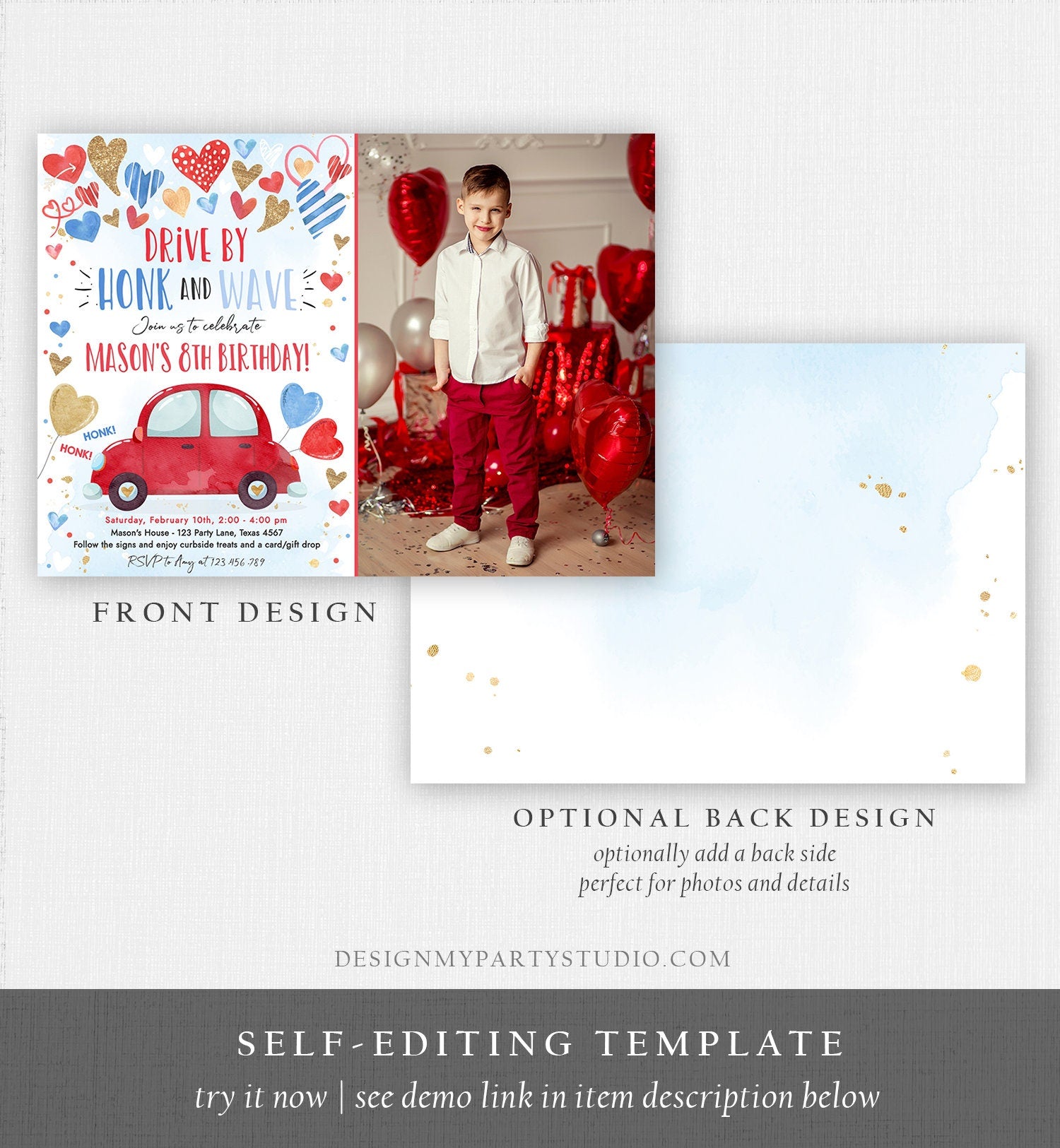 Editable Drive By Birthday Invitation Valentine Sweetheart Blue Gold Hearts Drive Through Red Heart Car Corjl Template Printable 0371