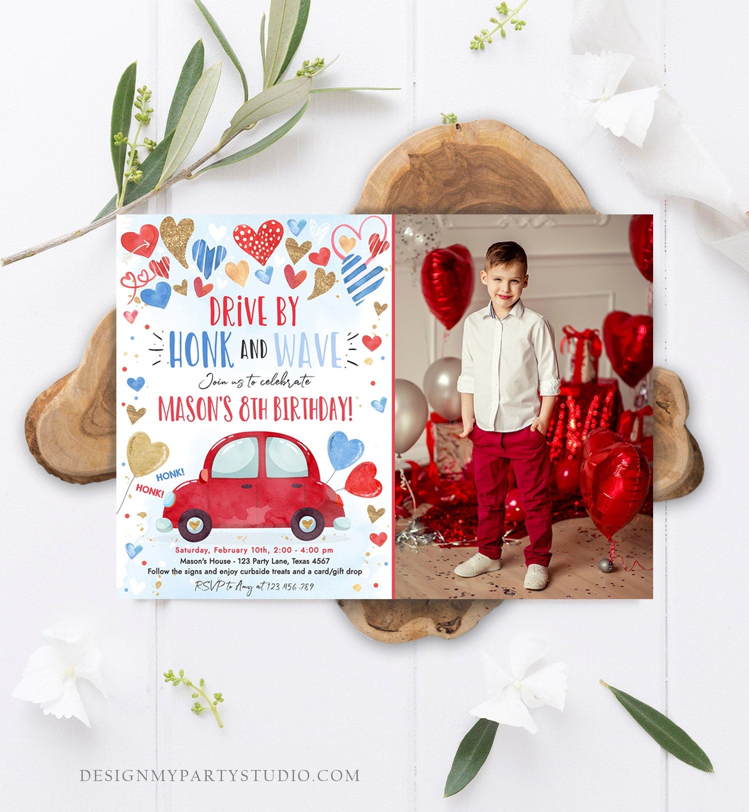 Editable Drive By Birthday Invitation Valentine Sweetheart Blue Gold Hearts Drive Through Red Heart Car Corjl Template Printable 0371