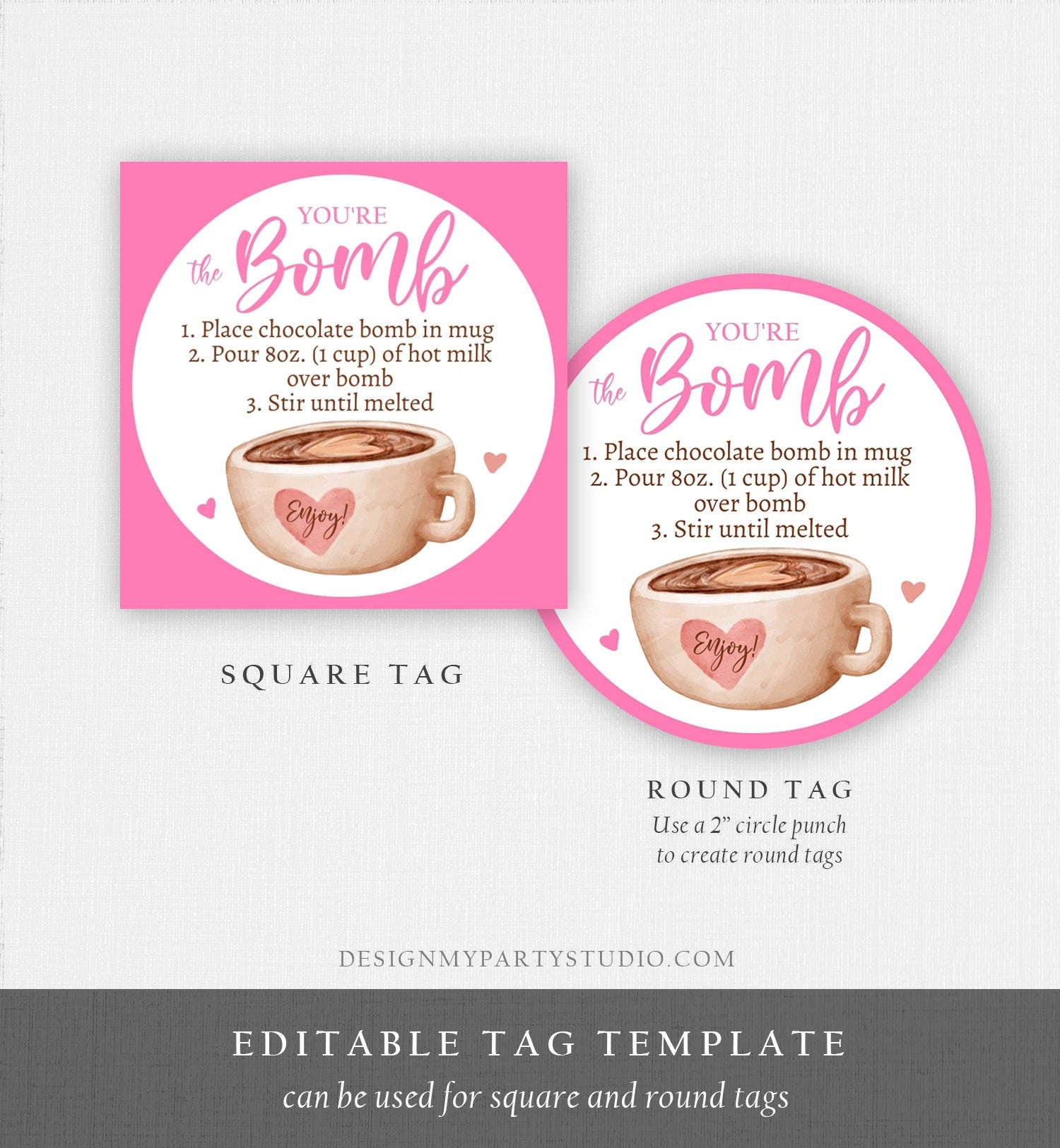 Editable Valentine Hot Chocolate Bomb Tags Bomb Instructions Hot Cocoa Bomb Favor Tags Valentine Gift You're The Bomb Digital PRINTABLE 0370