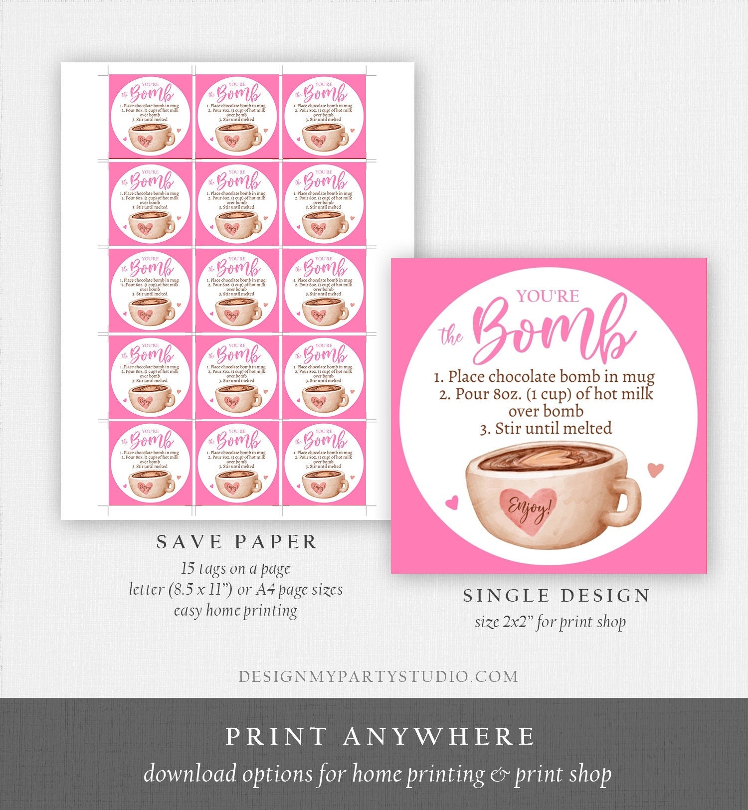 Editable Valentine Hot Chocolate Bomb Tags Bomb Instructions Hot Cocoa Bomb Favor Tags Valentine Gift You're The Bomb Digital PRINTABLE 0370