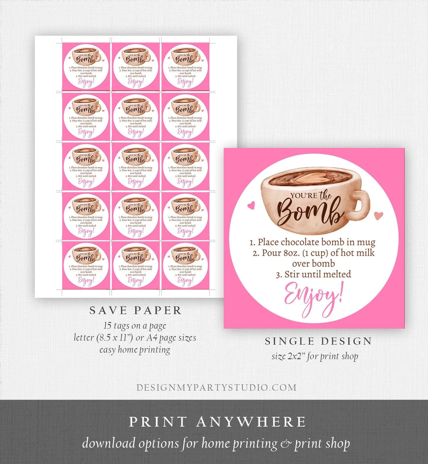 Editable Valentine Hot Chocolate Bomb Tags Bomb Instructions Hot Cocoa Bomb Favor Tags Valentine Gift You're The Bomb Digital PRINTABLE 0370