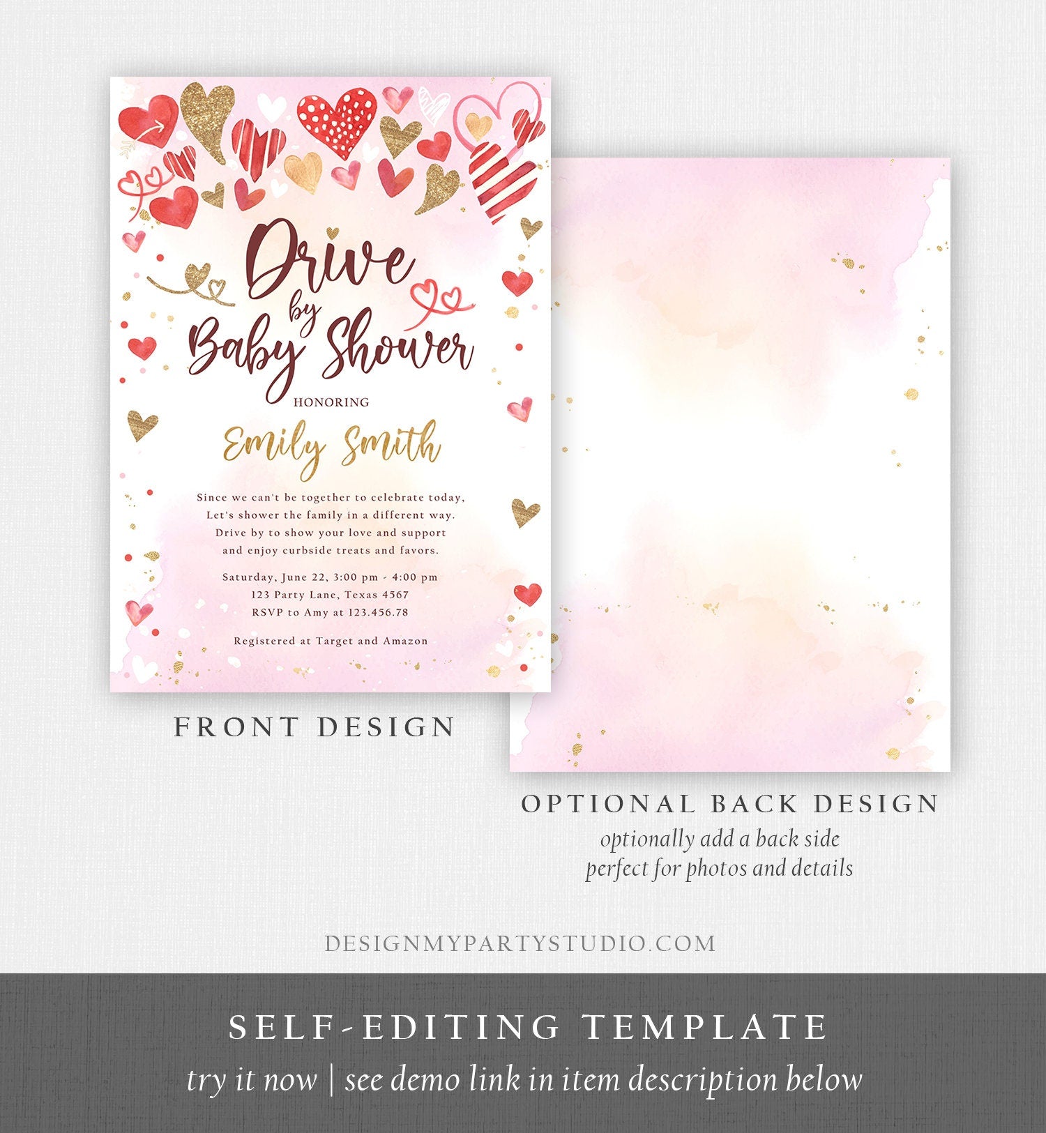 Editable Drive By Baby Shower Invitation Valentine Sweetheart Pink Red Gold Hearts Drive Through Showered Love Corjl Template Printable 0371