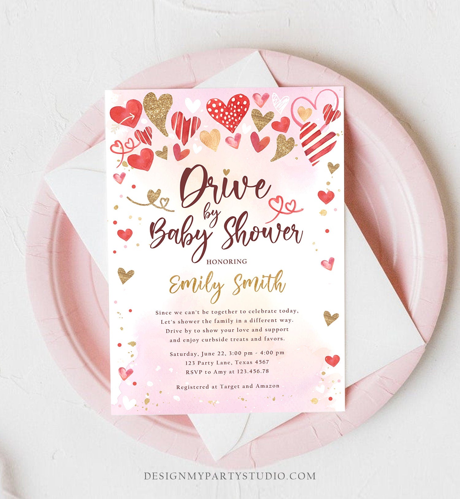 Editable Drive By Baby Shower Invitation Valentine Sweetheart Pink Red Gold Hearts Drive Through Showered Love Corjl Template Printable 0371