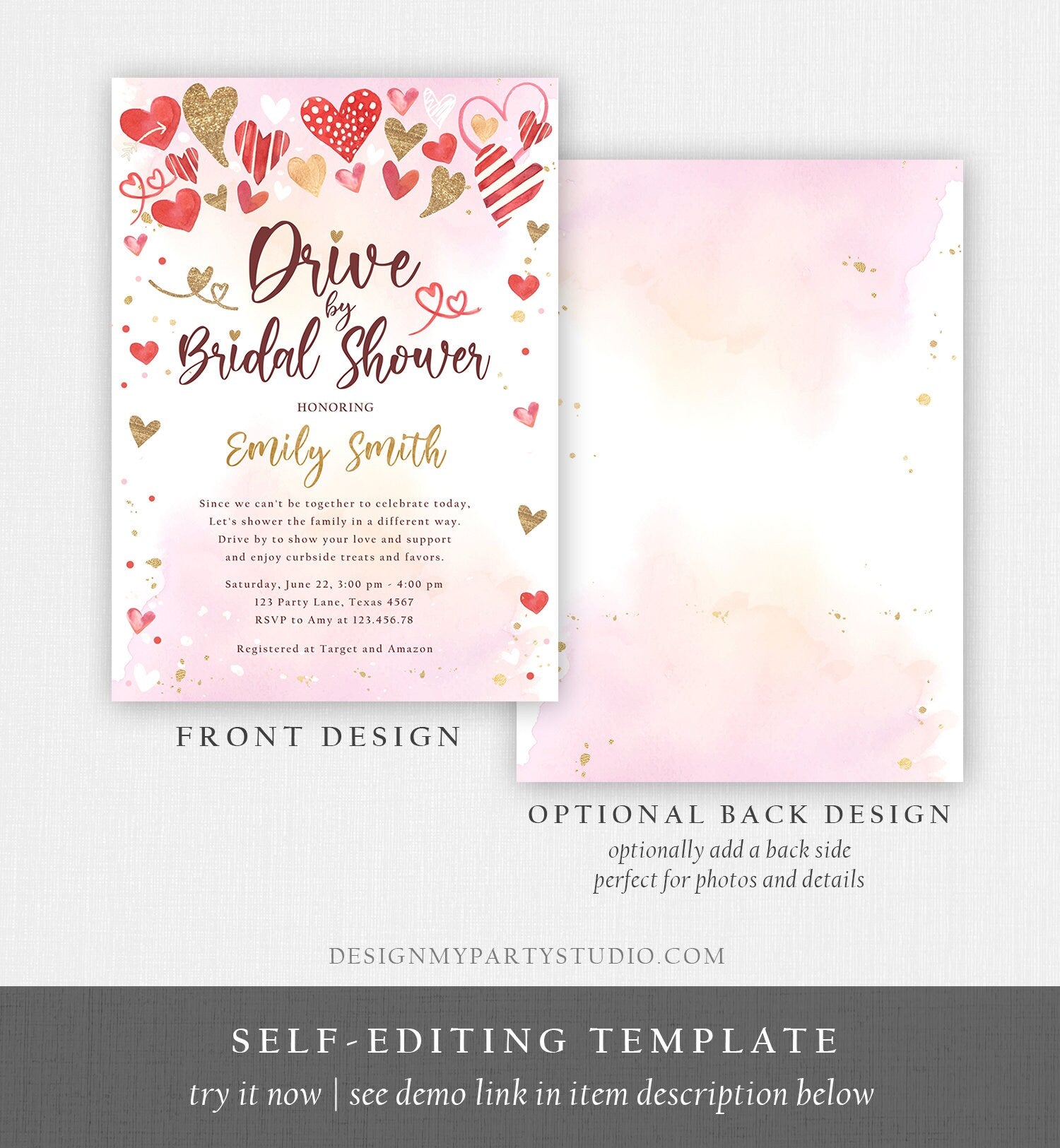 Editable Drive By Bridal Shower Invitation Valentine Sweetheart Pink Gold Hearts Drive Through Wedding Showered Love Corjl Printable 0371